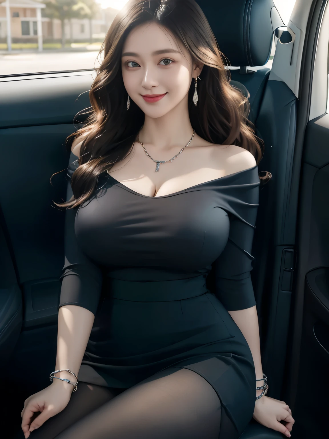 Cowboy Shot,(highest quality, masterpiece:1.4),alone, Realistic,( Big eyes,Beautiful fine details, Symmetrical eyes,), Long Hair,Curly Hair,Earrings,blouse,,High Waist Black Skirt,Slender body,sunlight,Wearing black pantyhose,bracelet,Sitting in a car seat,Big Breasts、Large Breasts、necklace、smile、Knee