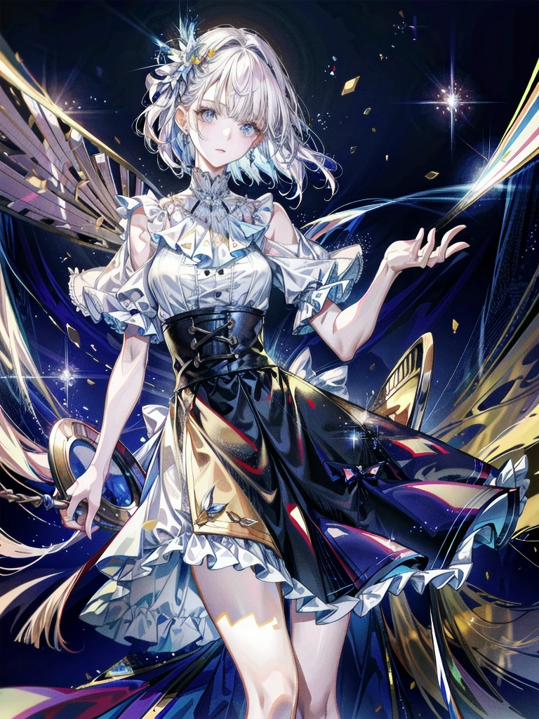absurdres, RAW photo, extremely delicate and beautiful, masterpiece, Best Quality, ultra high resolution, 32k, hyperrealistic, ultra-detailed, detailed description, pale skin, 20 years old, delicate facial features, detailed beautiful face and eyes, tearful mole, earring, Colossal tits, short medium hair, wavy hair, full body shot, halterneck, blouse, skirt,
