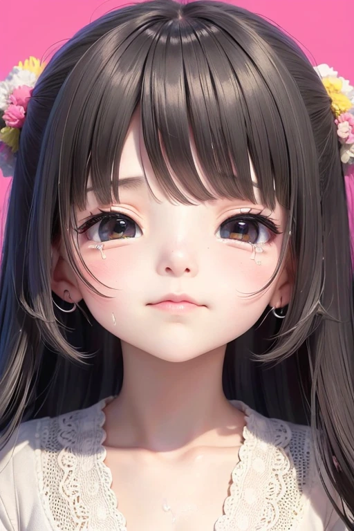 The background should be psychedelic。Let the girl cry。Let your nose run and drool。Please make a close-up of his face。Grab my head with your big hands。Hair should be black。