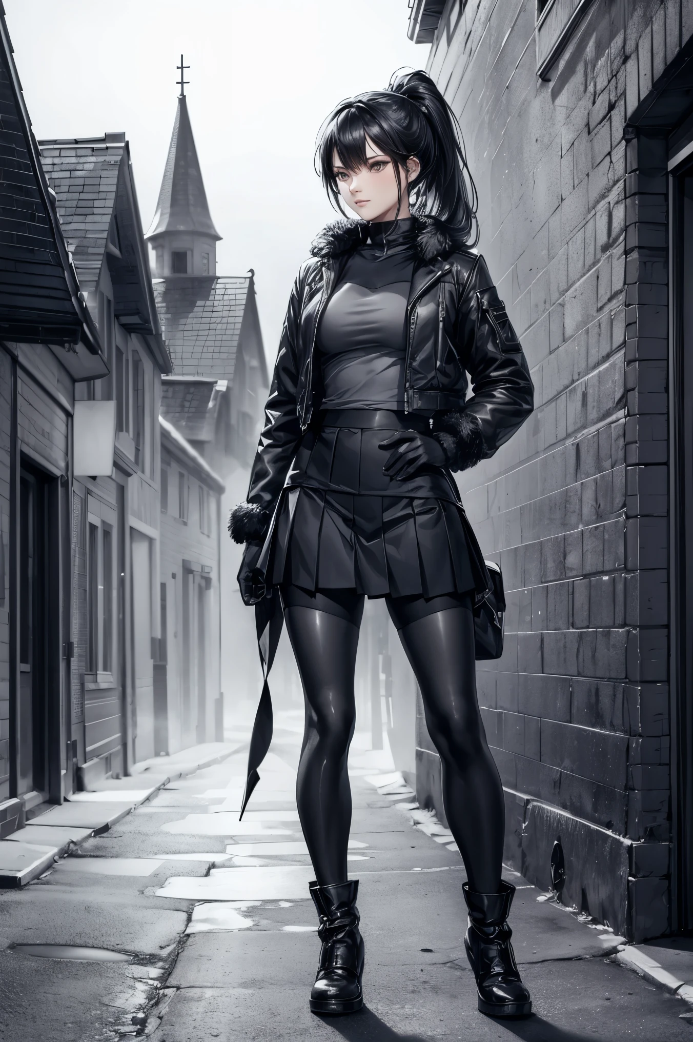 a woman, leggings, pleated skirt, sports top, high ponytail, high boots, long fur jacket, on a foggy moonlit night in a ghost town, monochrome style, lineart