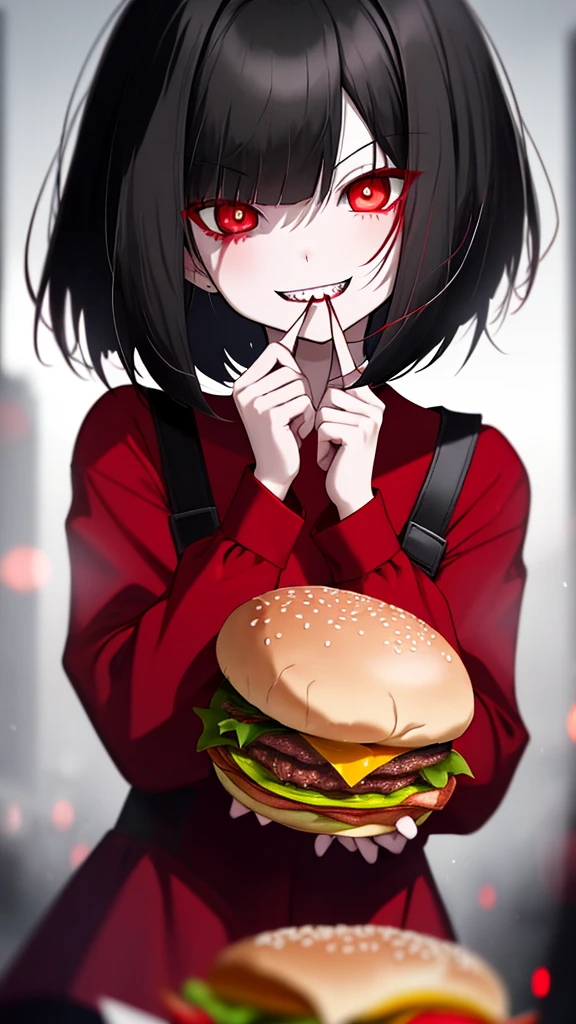 a girl, black hair, bob cut, glowing red eyes, pale skin, red and black sailor uniform, red shirt, (evil grin:1.1), sharp teeth, (wide open eyes:1.2), night, moon glare, bokeh, depth of field, blurry background, light particles, strong wind,Eating a hamburger