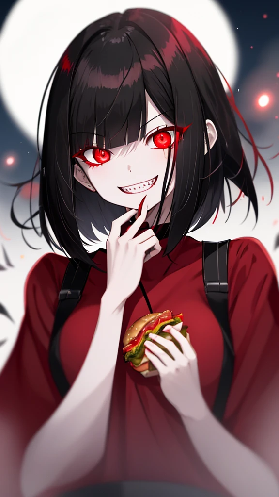 a girl, black hair, bob cut, glowing red eyes, pale skin, red and black sailor uniform, red shirt, (evil grin:1.1), sharp teeth, (wide open eyes:1.2), night, moon glare, bokeh, depth of field, blurry background, light particles, strong wind,Eating a hamburger