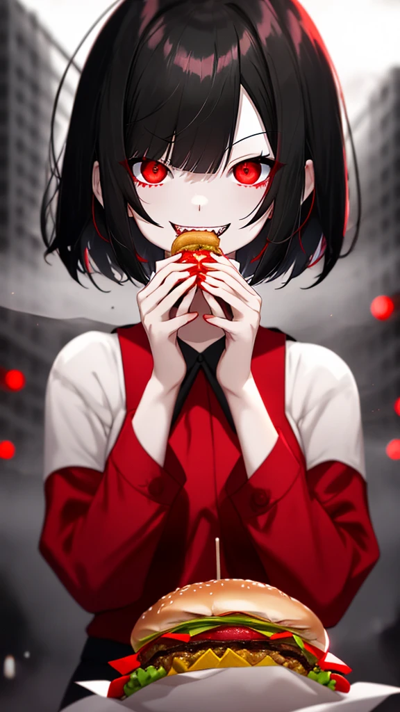 a girl, black hair, bob cut, glowing red eyes, pale skin, red and black sailor uniform, red shirt, (evil grin:1.1), sharp teeth, (wide open eyes:1.2), night, moon glare, bokeh, depth of field, blurry background, light particles, strong wind,Eating a hamburger