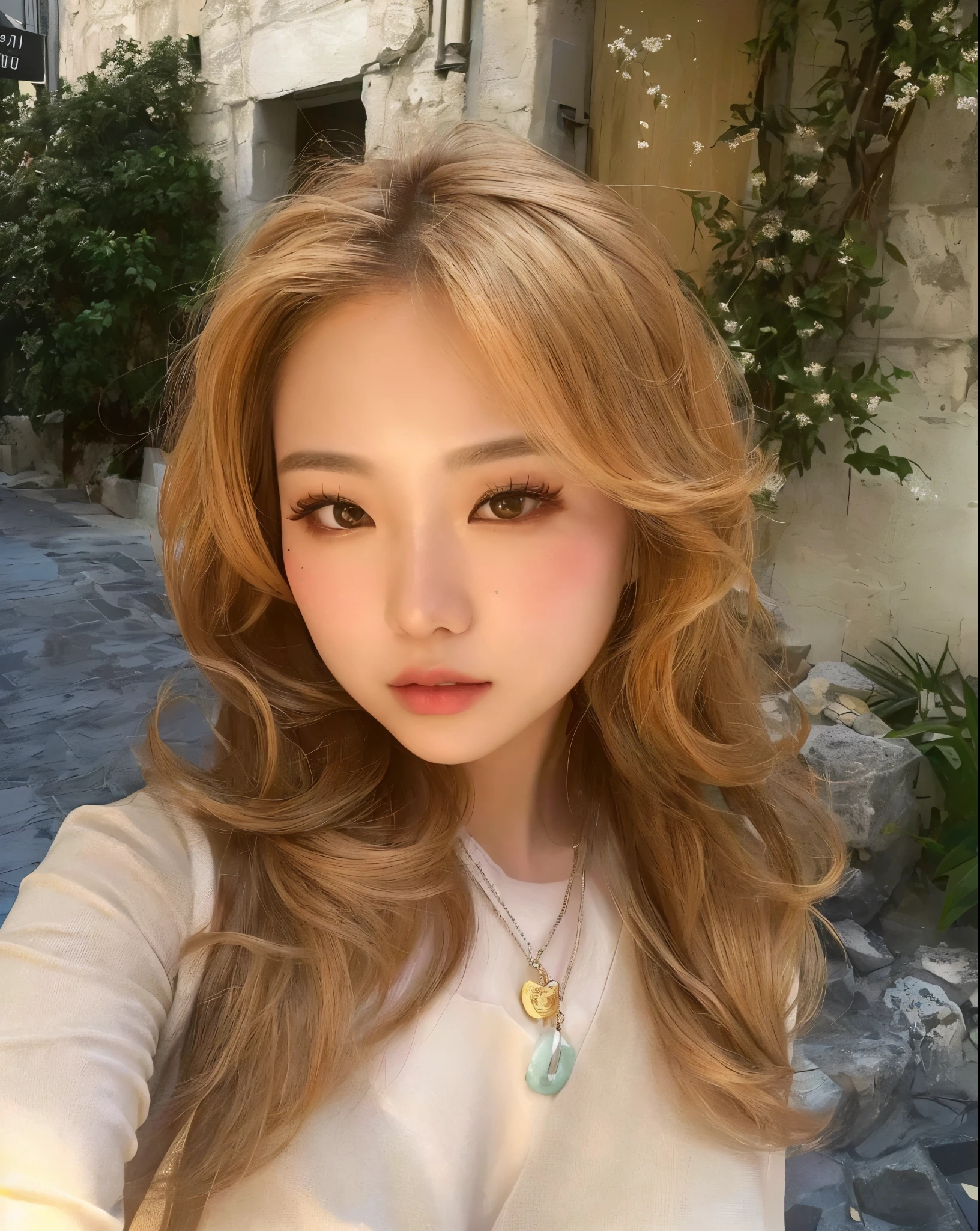 mulher arrapada com cabelos longos e um colar tirando uma selfie, chiho, Desculpe, a young asian woman, Janice cantou, Yanjun Chengt, young asian woman, portrait of japanese gyaru, gema chen, Louise Zhang, com cabelo ruivo cacheado, o corte Hime, taken at the beginning of 2020, heonhwa choe