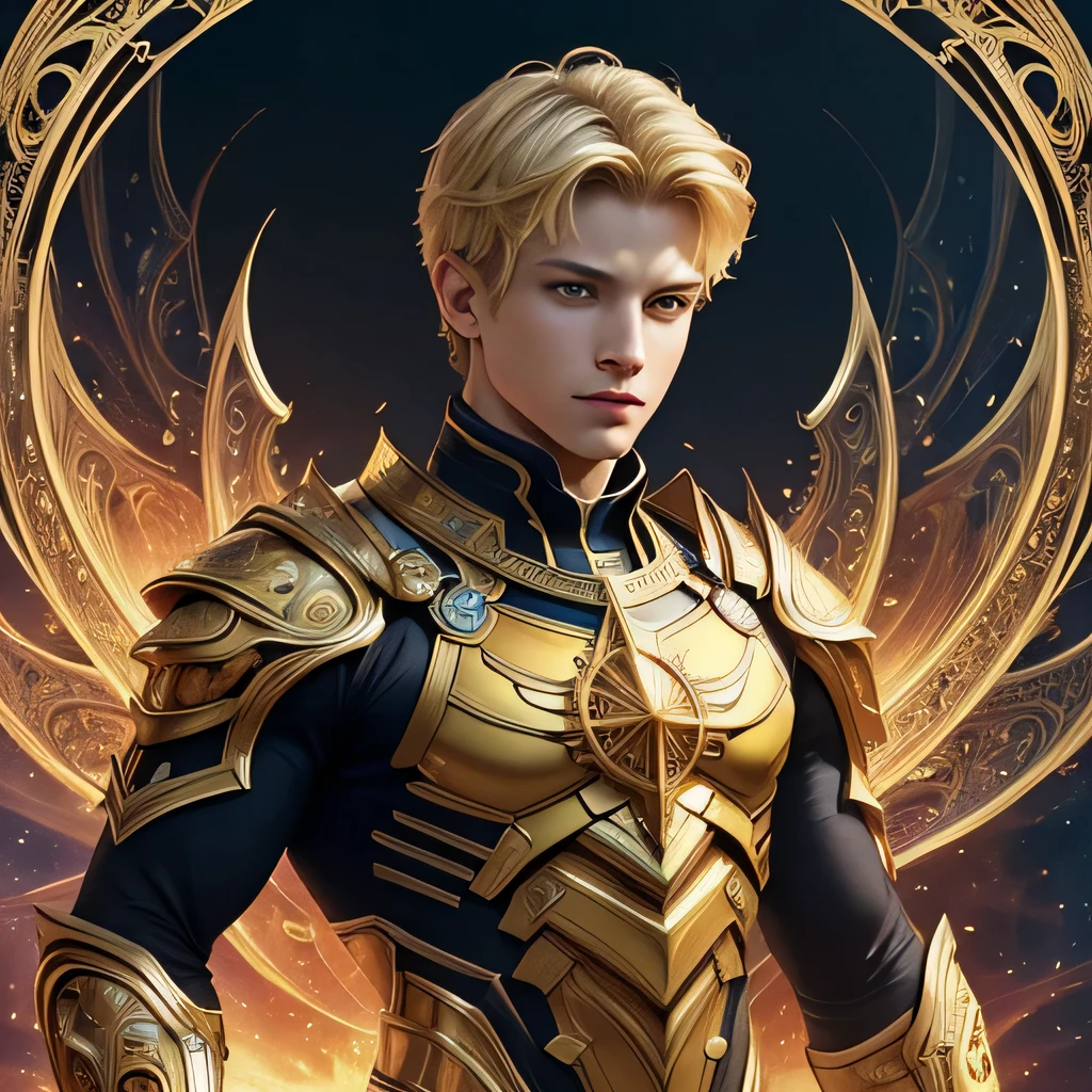 (masterpiece, top quality, best quality, official art, beautiful and aesthetic:1.2), (1boy),upper body, extreme detailed,(fractal art:1.3),colorful,highest detailed, tarot card background, , short messy blonde hair, fair skin, yellow eyes, muscular, white superhero armor, hellfire powers