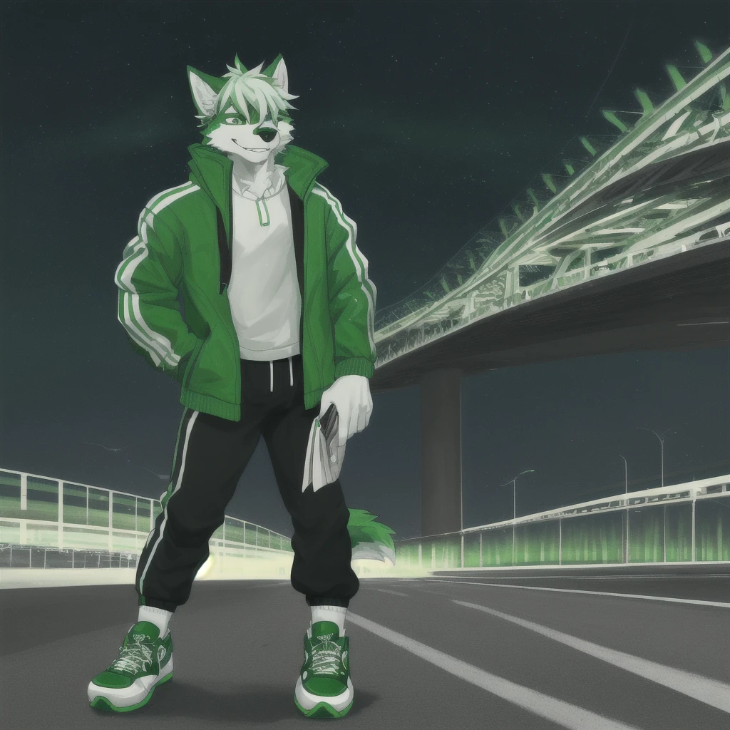 style art,anthro, fursona wolf with green fur, male, wearing a green and white jacket, mixed green and white hair and hair covered with left eye, alone, whole body, not smiling, highway background, night, green and white tail, holding wallet, white sports shoes, silver trousers