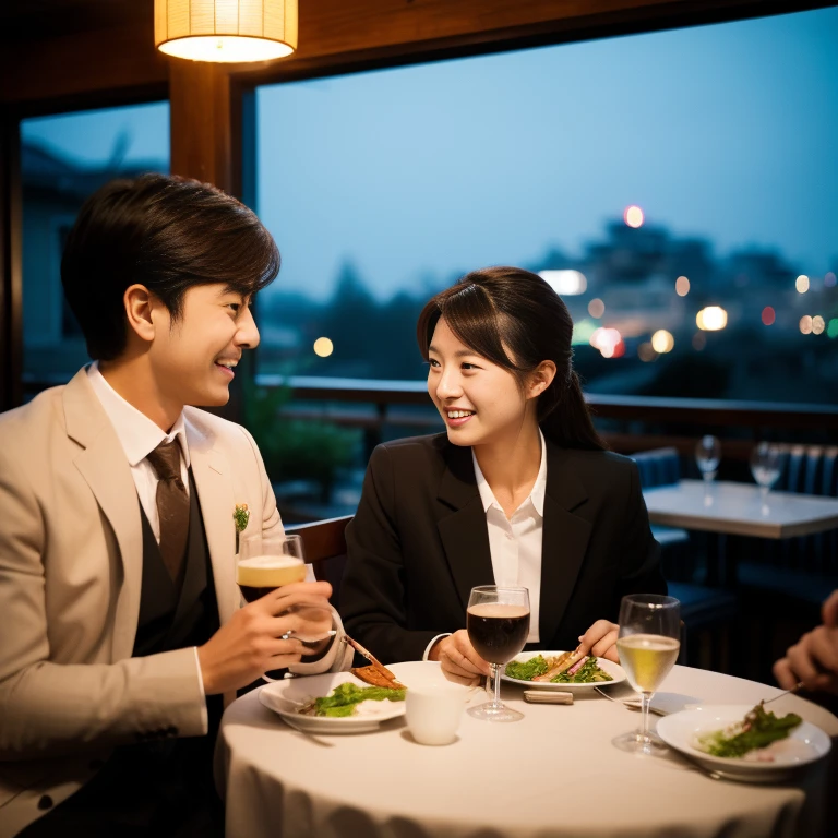 Couple enjoying a meal、Blazers for both men and women、Talking with a lovely smile、The location is a restaurant、In the background, a beautiful city night view can be seen outside the window.、High-definition images like those taken with a high-end camera、banquet、Japanese sake、Liter Bottle、love、Japanese、Brown Hair、Beautiful woman holding glasses and a cup