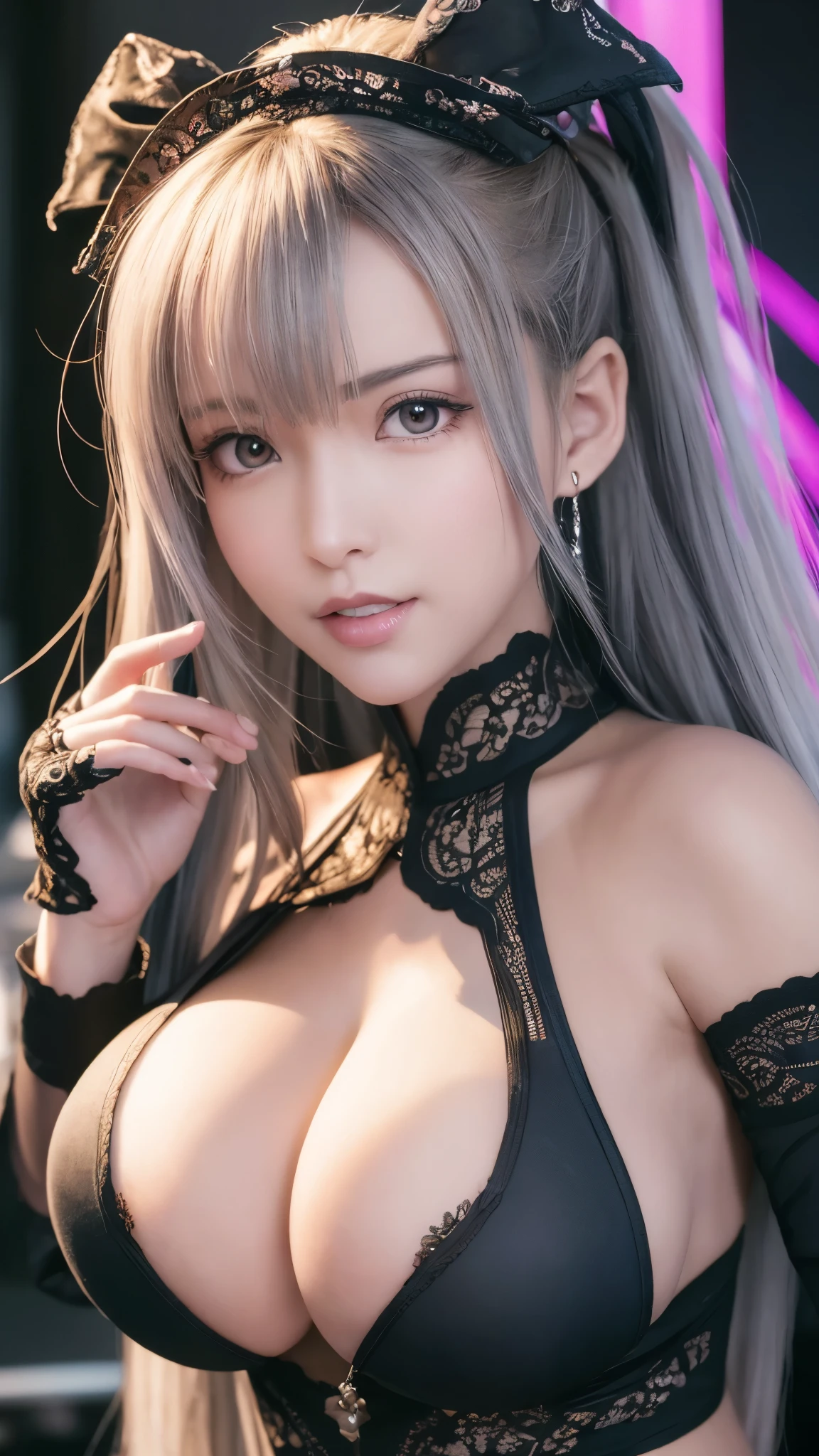 (Best quality, Ultra-detailed, photo-realistic:1.37), Silver-haired woman, nsfw, (big breast:1.5), nipples, Fantastic blue eyes, (smiling broadly), Soft lighting, pink apron, illustration, bangs, Flowing hair, Gentle breeze, Shiny hair, mitts, Gradient hair, folded ponytail, blue halo, Glowing eyes, Wide eyes, drunk, Anime style, shadowing, back lit lighting, macro photograph, Close-up, first person perspective, head out of frame, hyper HD, High details, Best quality