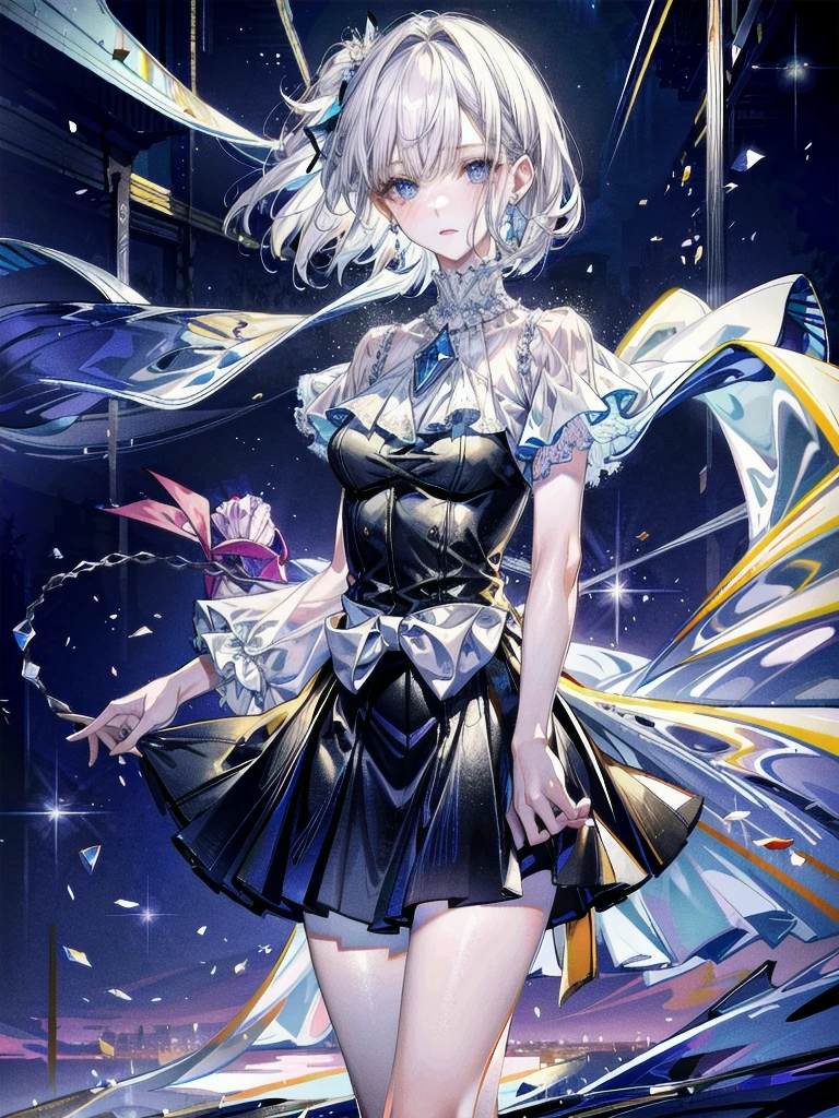 absurdres, RAW photo, extremely delicate and beautiful, masterpiece, Best Quality, ultra high resolution, 32k, hyperrealistic, ultra-detailed, detailed description, pale skin, 20 years old, delicate facial features, detailed beautiful face and eyes, tearful mole, earring, Colossal tits, short medium hair, wavy hair, full body shot, halterneck, blouse, skirt,