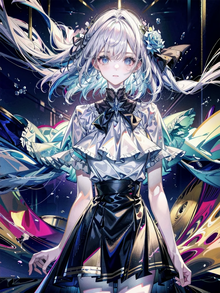 absurdres, RAW photo, extremely delicate and beautiful, masterpiece, Best Quality, ultra high resolution, 32k, hyperrealistic, ultra-detailed, detailed description, pale skin, 20 years old, delicate facial features, detailed beautiful face and eyes, tearful mole, earring, Colossal tits, short medium hair, wavy hair, full body shot, halterneck, blouse, skirt,