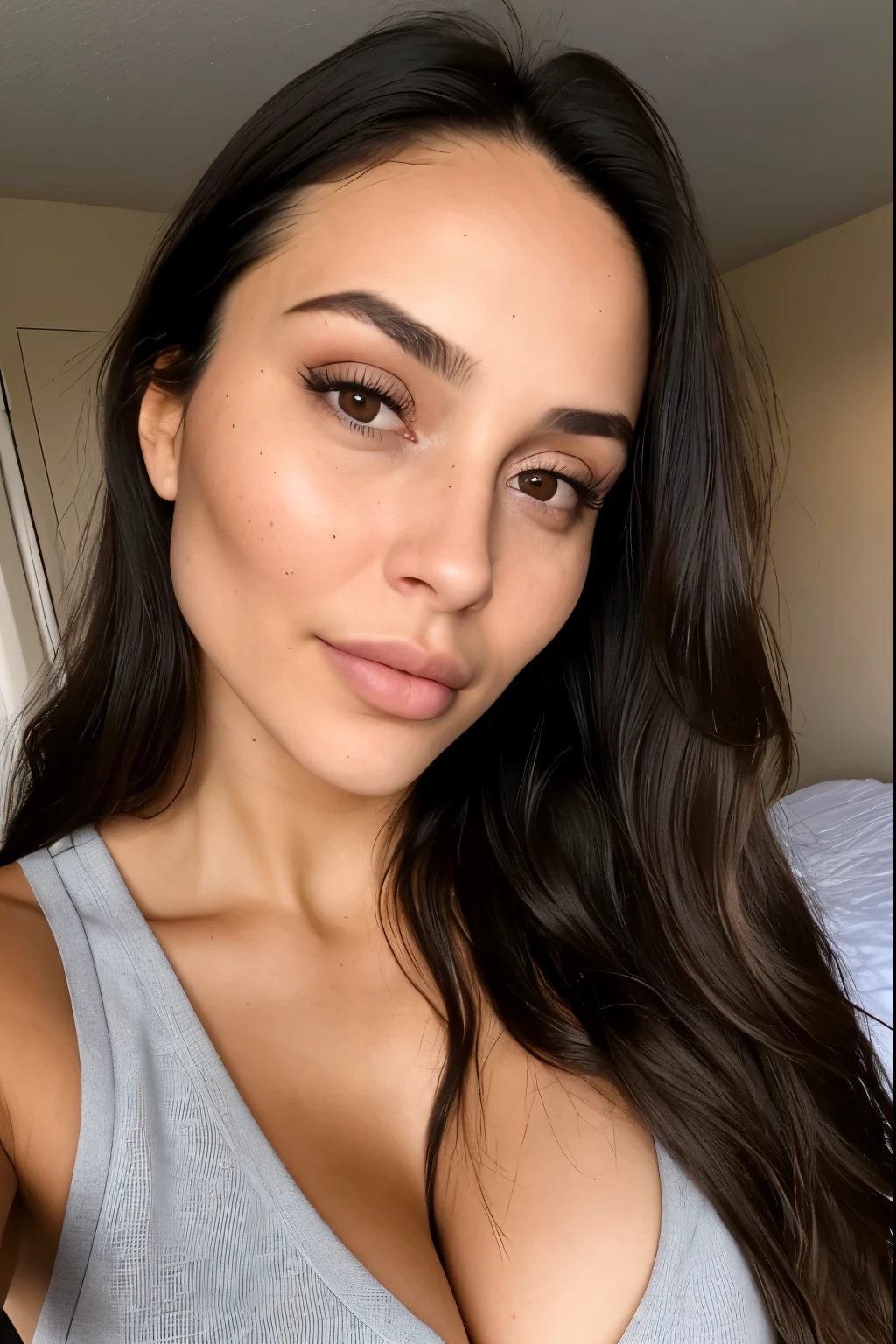 raw selfie of a pretty 24-year-old woman with long dark hair , natural skin texture, realistic skin texture, some blemishes, (skin pores:0.8), (skin oils:0.6), in her room