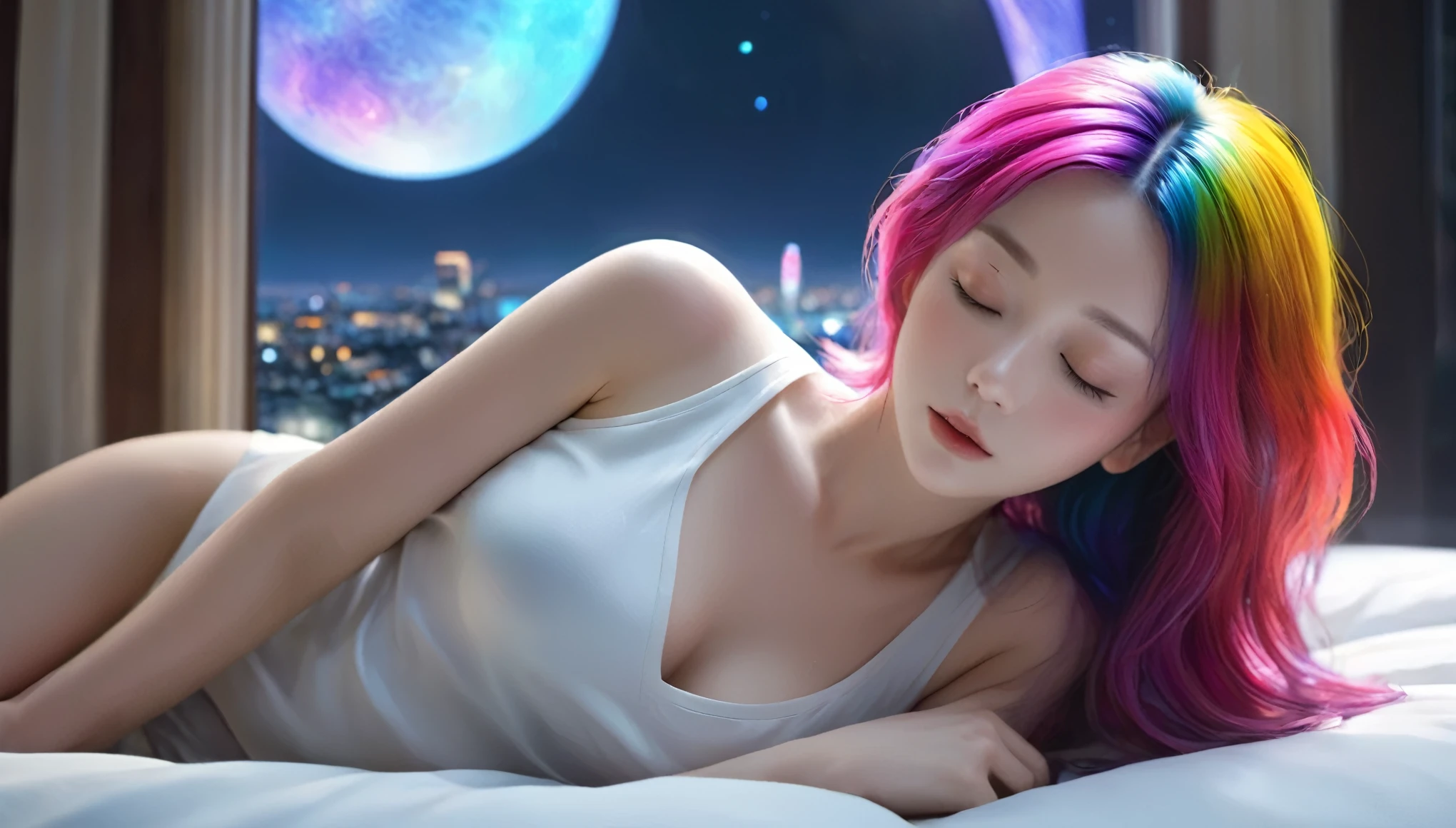 (best quality,8k,ultra-detailed:1.2),(CG,CG art,3D rendering),(masterpiece:1.2),（Crawling on the table），（Sexy clothing），(movie lighting,futuristic),(woman lying in bed,sleeping,closed eyes),(large window behind her,tranquil night),(colorful hair:1.5)