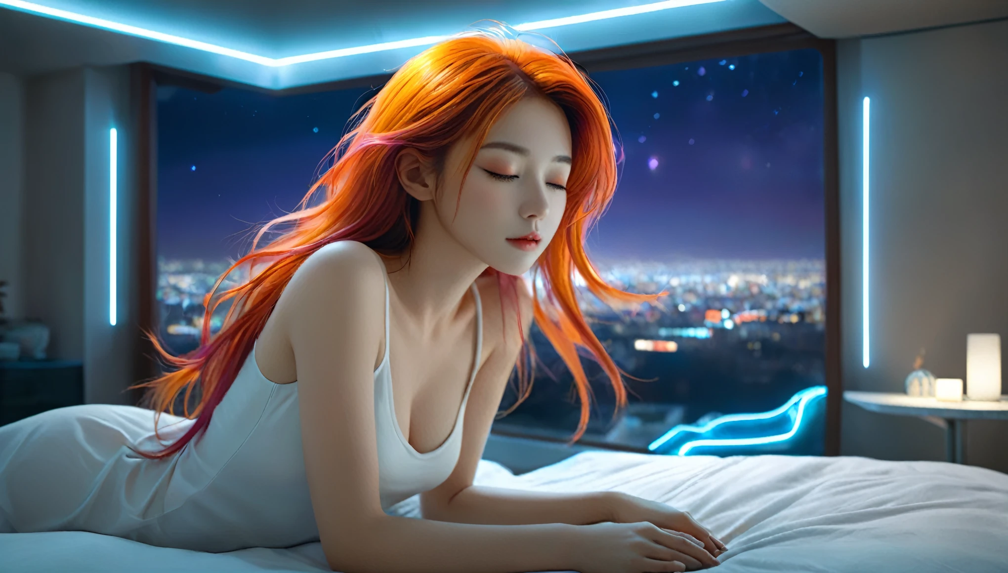 (best quality,8k,ultra-detailed:1.2),(CG,CG art,3D rendering),(masterpiece:1.2),(Crawling on the table),(Sexy clothing),(movie lighting,futuristic),(woman lying in bed,sleeping,closed eyes),(large window behind her,tranquil night),(colorful hair:1.5)