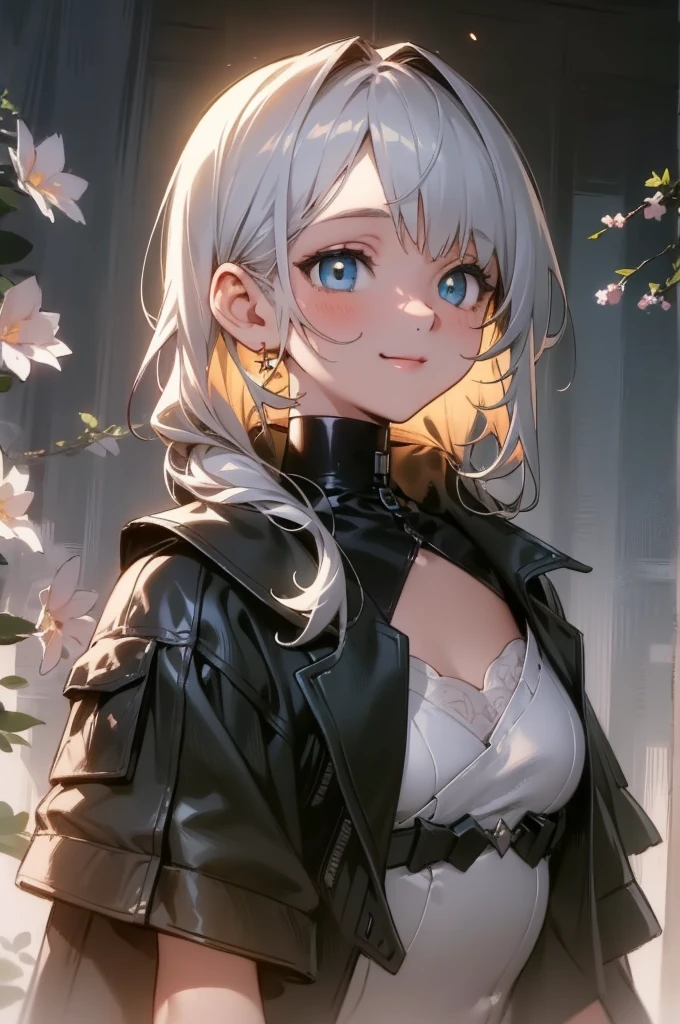 masterpiece, best quality, 4K, Ultra HD, Sansho Castle, , Beautiful eyes and delicate face, illustration, Beautiful and detailed, high resolution illustration, luminescent_White_particle, 1 Girl, White hair, water blue eyes, Hair covering one eye, Short side details, Baseball cap,Mysterious smile, curtain, Black jacket, Chest hanging, Cyberpunk, Technical clothing,(Impressionism:1.4).plump breasts,Deep V collar.