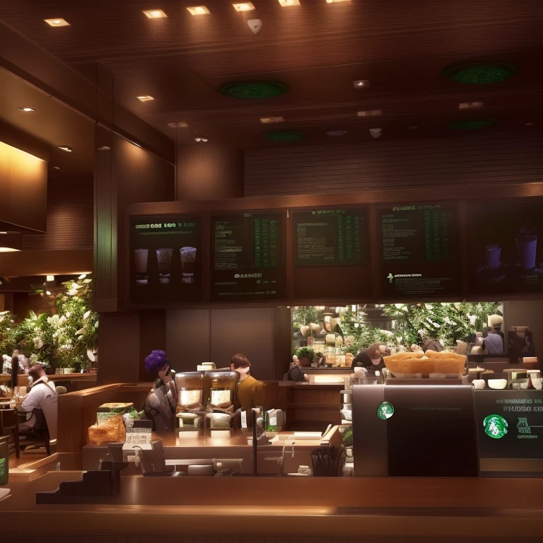 Arafed restaurant with large screens displaying menus and prices, illustrated Starbucks interior, Starbucks, Filmed in the early 2020s, Starbucks aprons and visors, Cafe interior, Taken in the late 2010s, Wall Digital Screen, postprocessed, screen, A wonderful masterpiece, thanos working at Starbucks, In such a way