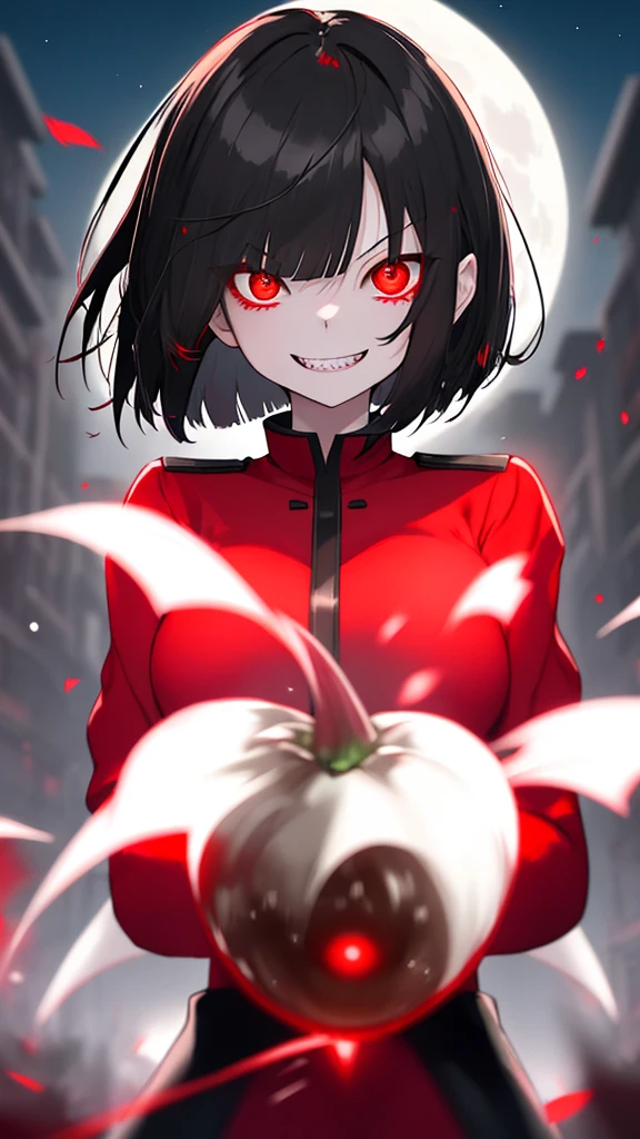 a girl, black hair, bob cut, glowing red eyes, pale skin, red and black sailor uniform, red shirt, (evil grin:1.1), sharp teeth, (wide open eyes:1.2), night, moon glare, bokeh, depth of field, blurry background, light particles, strong wind,Eat lots of vegetables
