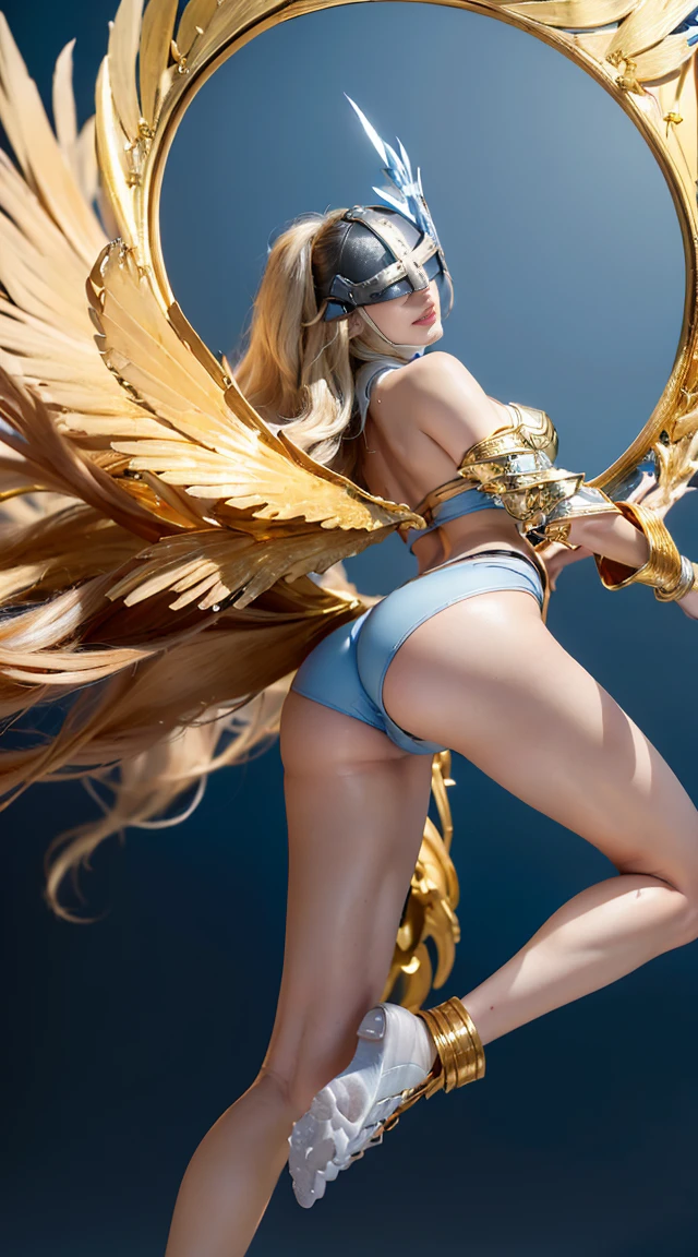 8K, Top Quality, Intricate Details, Ultra Detail, Ultra High Resolution, Masterpiece, ((from behind)), Slender, Smile, (Makeup: 0.4), (Fluffy Blue Eyes: 1.21), blue Eyes, looking at background, ((full body)), 1girl, solo, 1 girl, (( full body)), close up shot, standing , ((tall)), (((fit body))), (((slim face))), sharp face, sharp eyes,, ((( golden hair, very long hair, )), (((crop top)) (detailed face), sharp face, small lips, ((helm,wings)), detailed face, detailed breast, , large breast, detail ass, big ass, round ass , Beautiful girl with accentuated slender abs: 1.4, Six Pack Abs: 1.4, Bust Botox, Big, Perfect Body, detail leg, (( in heaven))