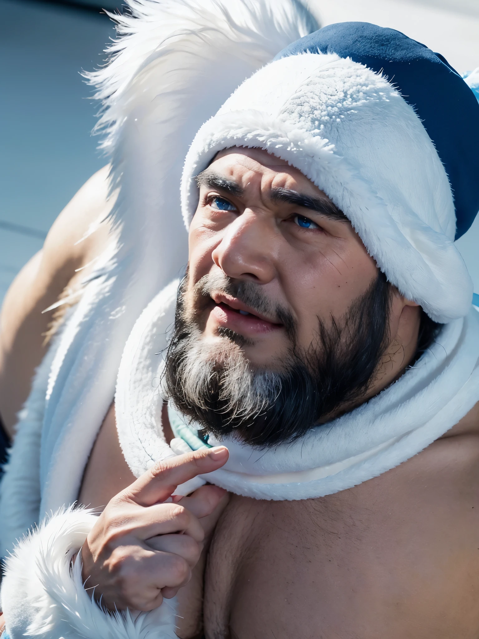 The orc has blue and white fur, a pair of blue fluffy ears, black pupils in his eyes, a medium build, not fat, wearing a white dress and a white magic hat with a red bow on it. He bowed and took off the hat slightly with a smile on his face. His fur is very soft, and there are star patterns on the back of his hands and body.