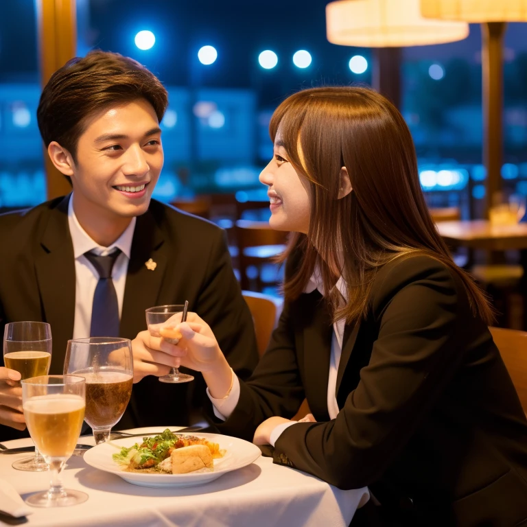 A student couple enjoying a meal、Blazer uniform for both men and women、Talking with a lovely smile、The location is a restaurant、In the background, a beautiful city night view can be seen outside the window.、High-definition images like those taken with a high-end camera、banquet、Japanese sake、Liter Bottle、love、Brown Hair、Beautiful woman holding glasses and a cup