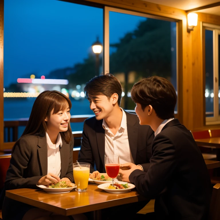 A student couple enjoying a meal、Blazer uniform for both men and women、Talking with a lovely smile、The location is a restaurant、In the background, a beautiful city night view can be seen outside the window.、High-definition images like those taken with a high-end camera、banquet、Japanese sake、Liter Bottle、love、Brown Hair、Beautiful woman holding glasses and a cup
