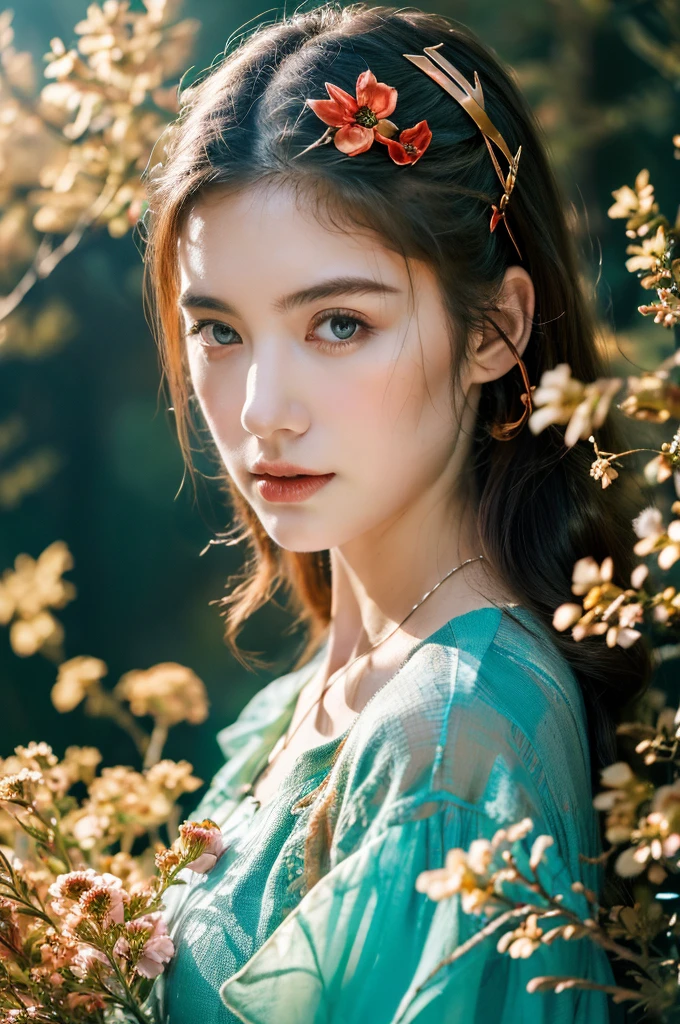 ( masterpiece, top quality, best quality,8k,17 years old girl,ultra detailed,raw photo:1.5),(photorealistic:1.4), (cinematic lighting), PerfectNwsjMajic, , Surrealism, UHD, ccurate, Super detail, textured skin, High detail, Best quality, dynamic angle, White skin,[Beautiful blue eyes], high nose,[flat chest:large breasts:0.5],(1girl),((good anatomy:0.5)),(covered in flowers:1.4), night sky, interested in, fire and ice, (The image is divided into two，Available in a variety of colors:2), eyes blues, sapphire, liquid metal, night sky, (Look at an angle:1.3), (fire and ice), ((Lower chrome)), (hairpin:1.4), (forest:1.3), (fog: 1.3),  Subtle colors and tones, mystical aura ,dreamy atmosphere,expressive brush strokes, mystical ambiance, Artistic interpretation, upper body, long hair