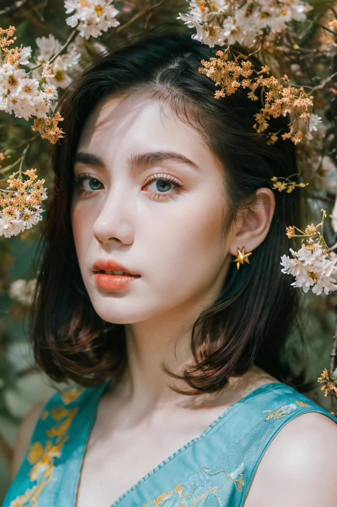 ( masterpiece, top quality, best quality,8k, girl,ultra detailed,raw photo:1.5),(photorealistic:1.4), (cinematic lighting), PerfectNwsjMajic, , Surrealism, UHD, ccurate, Super detail, textured skin, High detail, Best quality, dynamic angle, White skin,[Beautiful blue eyes], high nose,[flat chest:large breasts:0.5],(1girl),((good anatomy:0.5)),(covered in flowers:1.4), night sky, interested in, fire and ice, (The image is divided into two，Available in a variety of colors:2), eyes blues, sapphire, liquid metal, night sky, (Look at an angle:1.3), (fire and ice), ((Lower chrome)), (hairpin:1.4), (forest:1.3), (fog: 1.3),  Subtle colors and tones, mystical aura ,dreamy atmosphere,expressive brush strokes, mystical ambiance, Artistic interpretation, upper body, long hair