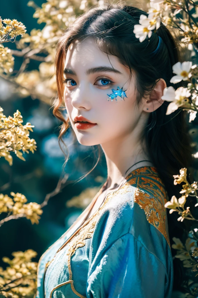 ( masterpiece, top quality, best quality,8k, girl,ultra detailed,raw photo:1.5),(photorealistic:1.4), (cinematic lighting), PerfectNwsjMajic, , Surrealism, UHD, ccurate, Super detail, textured skin, High detail, Best quality, dynamic angle, White skin,[Beautiful blue eyes], high nose,[flat chest:large breasts:0.5],(1girl),((good anatomy:0.5)),(covered in flowers:1.4), night sky, joint, interested in, fire and ice, (The image is divided into two，Available in a variety of colors:2), eyes blues, sapphire, liquid metal, night sky, (Look at an angle:1.3), (fire and ice), ((Lower chrome)), (hairpin:1.4), (forest:1.3), (fog: 1.3),  Subtle colors and tones, mystical aura ,dreamy atmosphere,expressive brush strokes, mystical ambiance, Artistic interpretation,Wonderland, blue glowing flowers tone, upper body, long hair