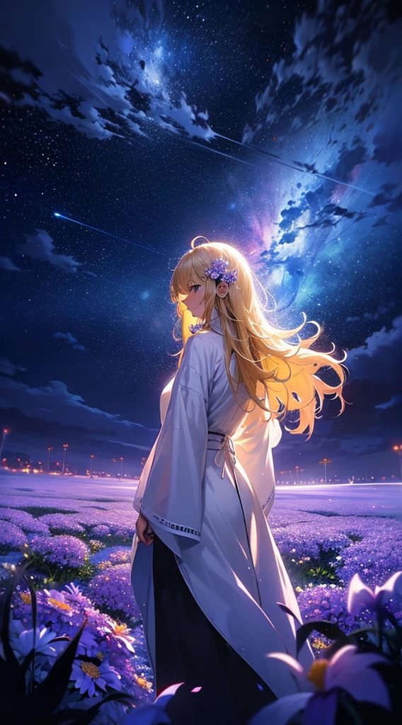 １people々々々々々,Blonde long-haired woman，White long coat， Dress Silhouette， Rear View，Space Sky, Flower Field，Colorful flowers，Fluttering petals，