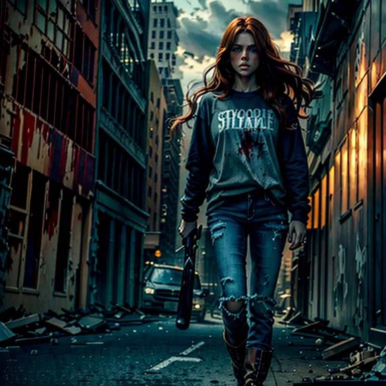 New York apocalypse, beautiful female long auburn hair in sweat shirt dark jeans and boots, masterpiece stoic feature, 8k, walking with bloodied baseball bat and in ruins zoomed in her blue eyes soft feature face,