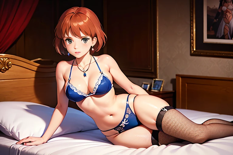 (masterpiece, highest quality, High resolution, 8k, High quality anime illustrations, Realistically), ((Nausicaa inviting with her legs spread in an M-shape on the bed)), very cute,  Baby Face, blush, Beautiful moist eyes,  (alone), Bright reddish brown hair, short hair, Red Gem Earrings, Beautiful moist eyes, Beautiful big breasts,  Bichibichi, Mesh underwear, Fishnet stockings, garter belt, Ribbon necklace, Perfect beauty, Slim body, (Perfect and detailed anatomy, Beautiful and elaborate face&eye:1.5, Shiny skin, Perfect proportions), Luxury hotel suites, (Staring at the audience), I want to see the whole body。