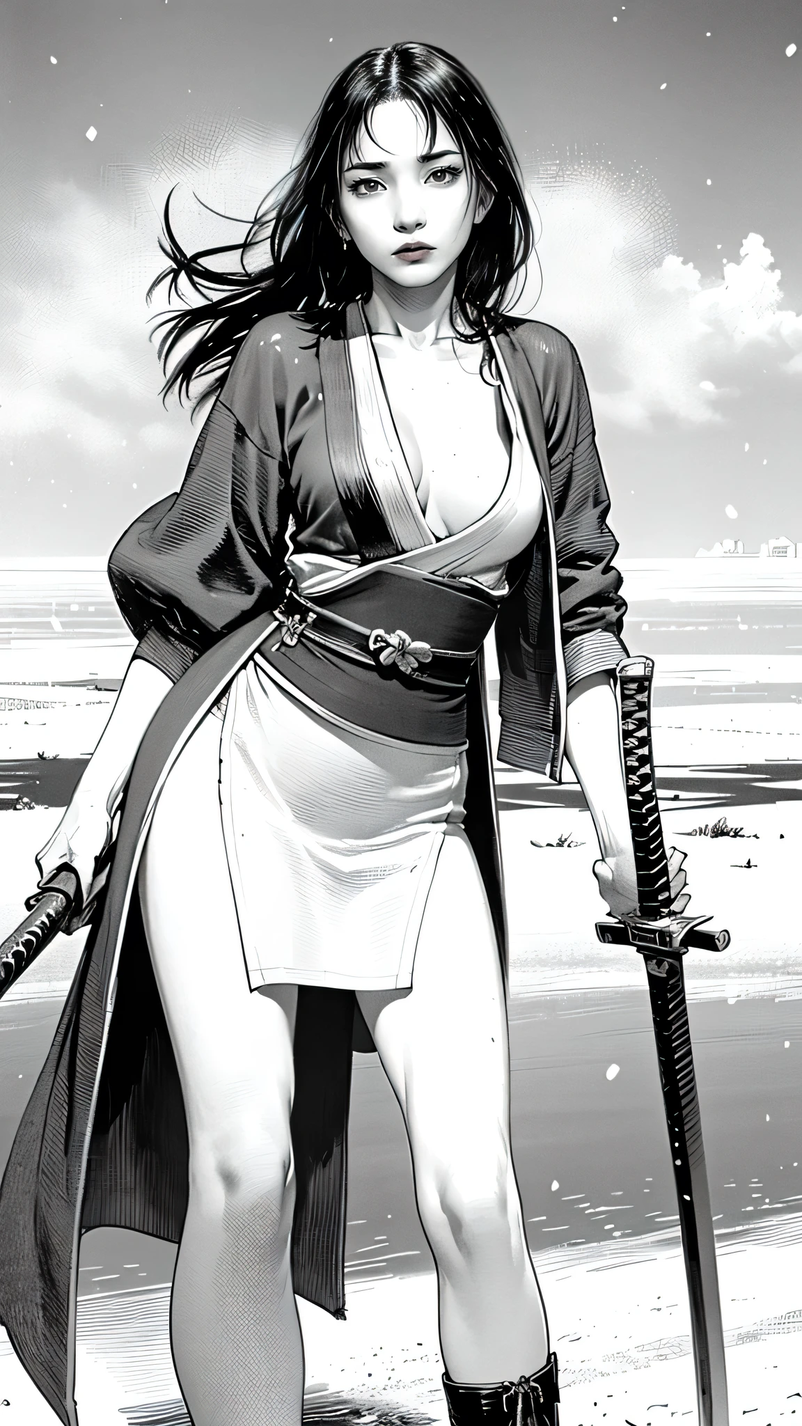 (best quality, 8k masterpiece:1.2), ultra-detailed, realistic:1.37, Japanese swordswoman, 28 years old, katana, strong stance, moonlight, snow, chaotic, sensual, disheveled hair, dynamic