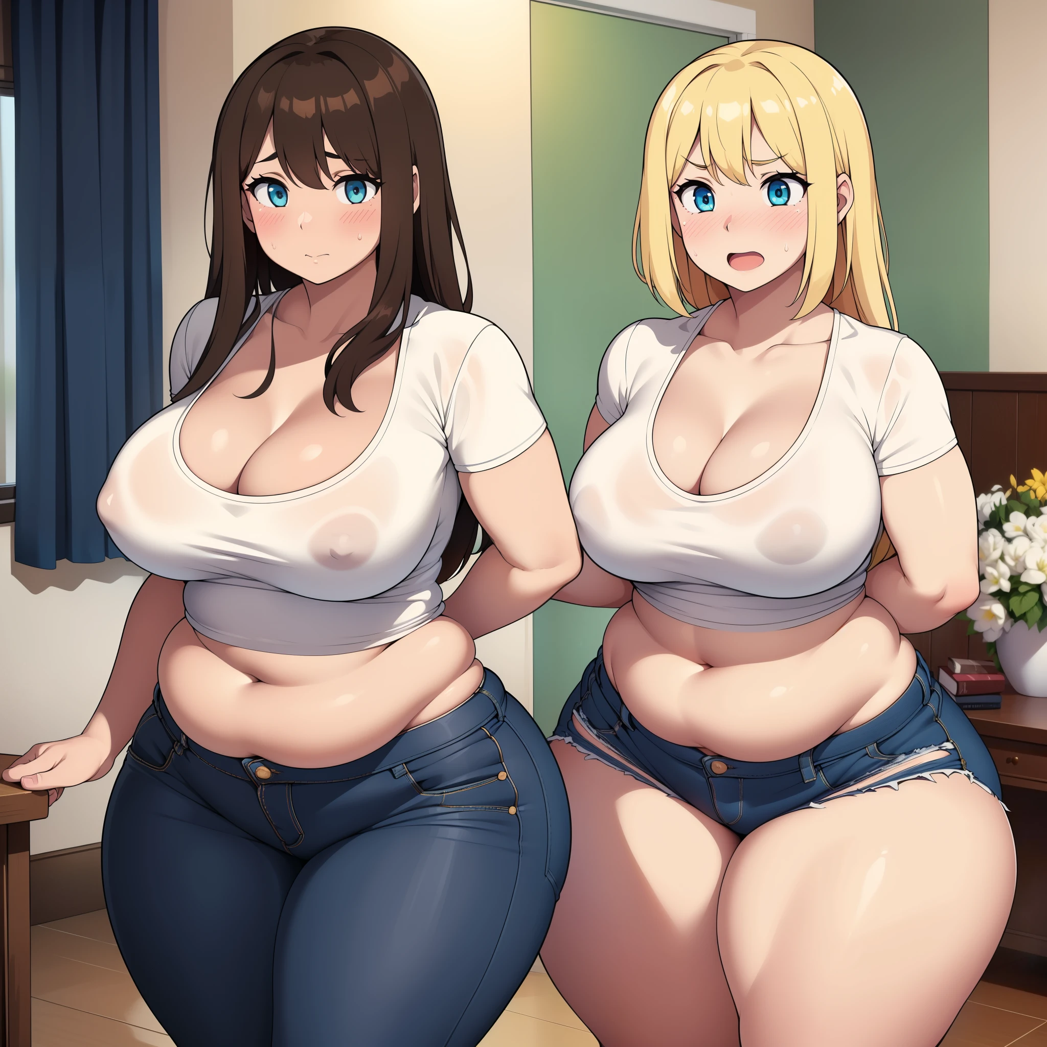 ((highres)), Masterpiece, high quality, best quality, beautiful, perfect lighting, detailed face, ultra cute face, (((2girls))), ((blush)), embarrassed, skindentation, tight clothes, living room, touching each other, arms behind back, hugging,
one girl has blonde hair, blue eyes, crop top and shorts, cleavage, large breasts, ((wide hips)), ((thick thighs)), plump,
one girl has brown hair, green eyes, jeans, white shirt, cleavage, medium breasts, (wide hips), (((thick thighs)), chubby,