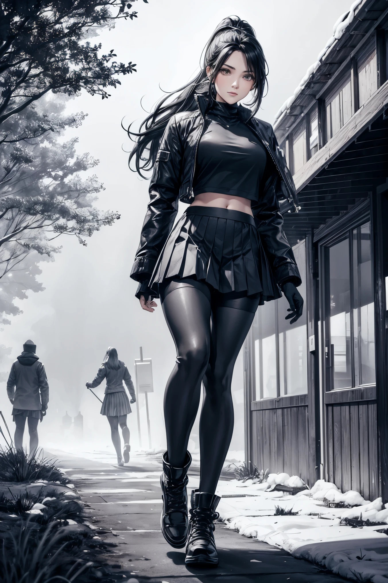 a woman, leggings, pleated skirt, sports top, high ponytail, high boots, long fur jacket, on a foggy moonlit night in a ghost town, monochrome style, lineart