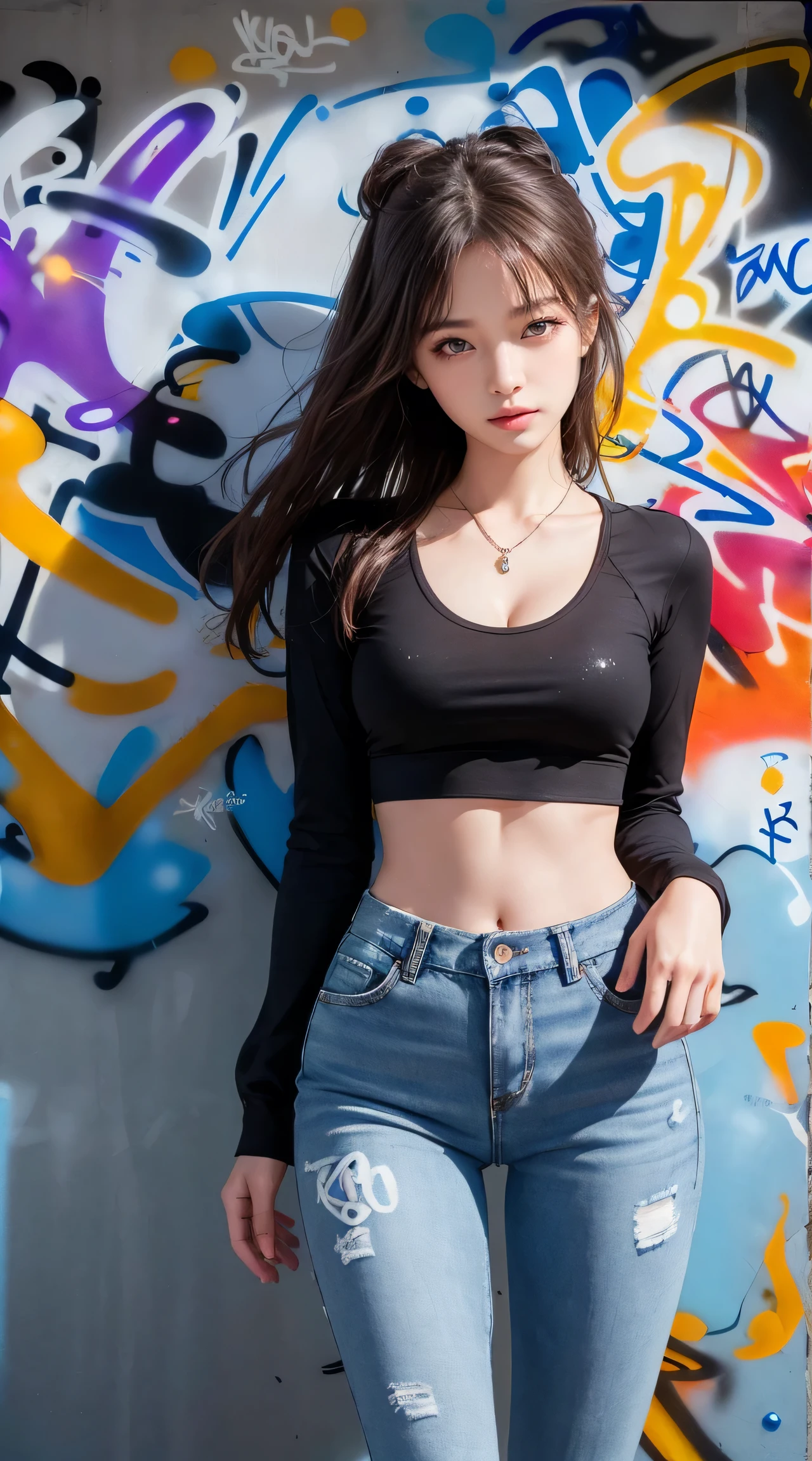 Kamisato Ayaka|Genshin Impact, masterpiece, best quality, 1 girl,25 years old, proportional body, Long legs, fair, proportional., crop top, Long jeans, Plump breasts, Cleavage,only, crop top, collar, (Graffiti:1.5), Splash with purple lightning pattern., Put your hands behind your back, Against the wall, View viewers From the front., Thigh straps, Head tilt, boring,(National Technology Development Agency.:1.2), (10, best quality, masterpiece: 1.4), fair red hair, Ultra-high resolution, (lifelike, Lifelike Portrait: 1.48), (View through crop top.), Famous Japanese actors, fair clear eyes, Head tilt, Cowboy shooting, From the front, Looking at the audience, poker face, fair lake, Zeiss 150mm F/ 2.8.Hasselblad,  whole body, foot, Ultra wide angle,