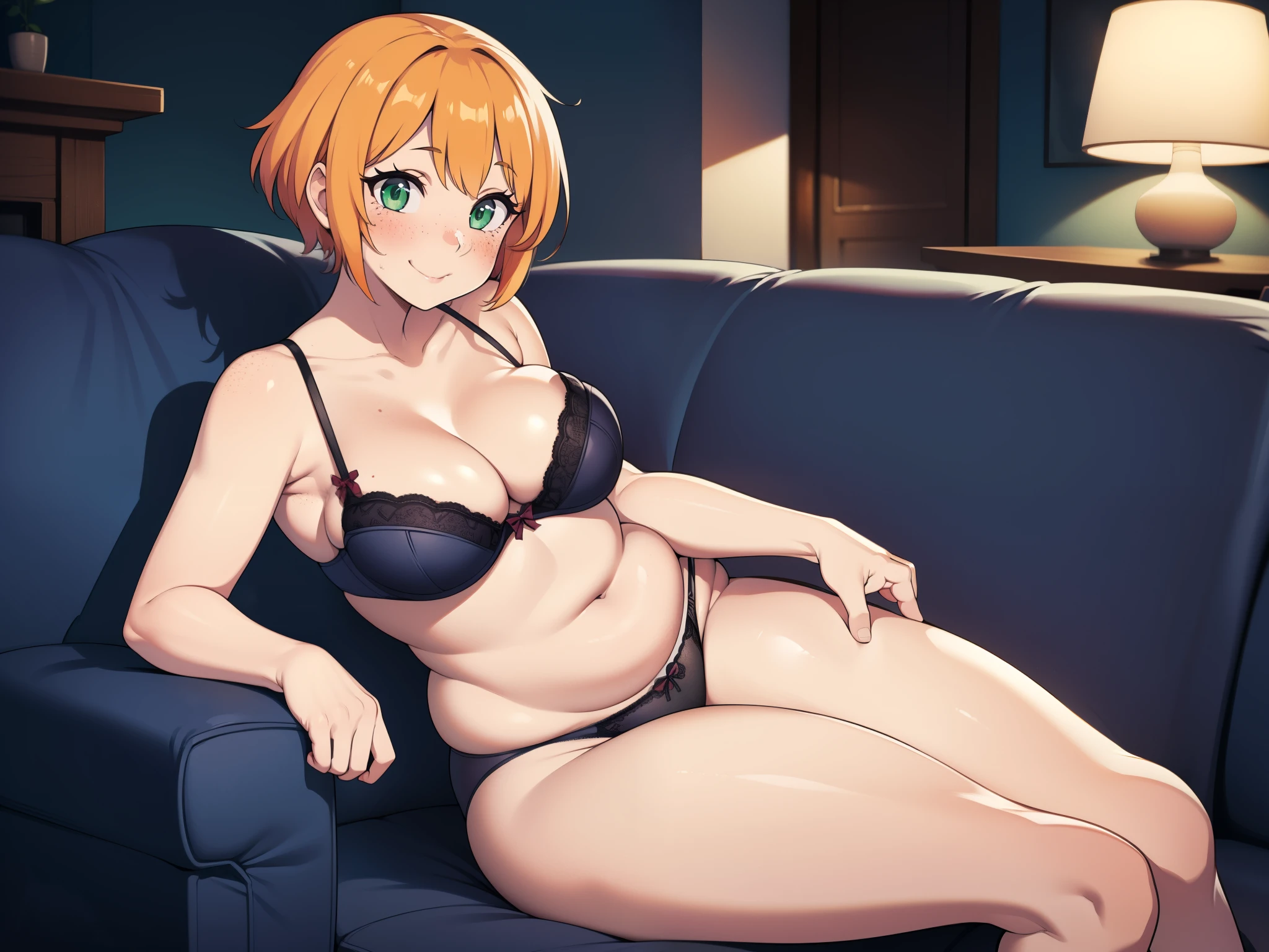 ((highres)), Masterpiece, high quality, best quality, beautiful, perfect lighting, detailed face, ultra cute face, cowboy shot, (((1girl))), ((solo)), seductive smile, sexually suggestive,

One girl has short messy orange hair, green eyes, freckles, (blush), small breasts, cleavage, (wide hips), (thick thighs), plump belly, bra, panties 

Living room, sitting on couch, 
