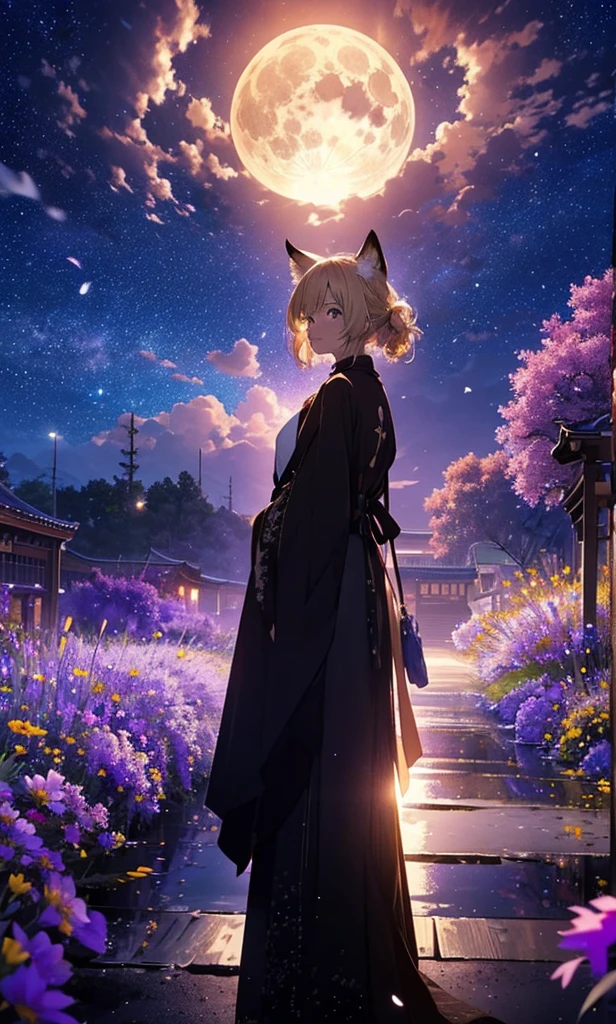 1people々々々々々々々々々,Woman with medium length blonde hair,Fox Ears,Long coat,Takageta, Dress Silhouette, Rear View,Space Sky, Flower Field,Colorful flowers,Dancing Petals,full moon,shrine,