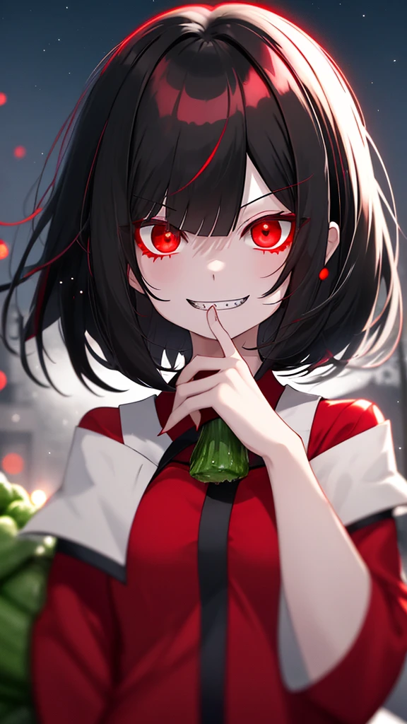 a girl, black hair, bob cut, glowing red eyes, pale skin, red and black sailor uniform, red shirt, (evil grin:1.1), sharp teeth, (wide open eyes:1.2), night, moon glare, bokeh, depth of field, blurry background, light particles, strong wind,Stuff your face with vegetables