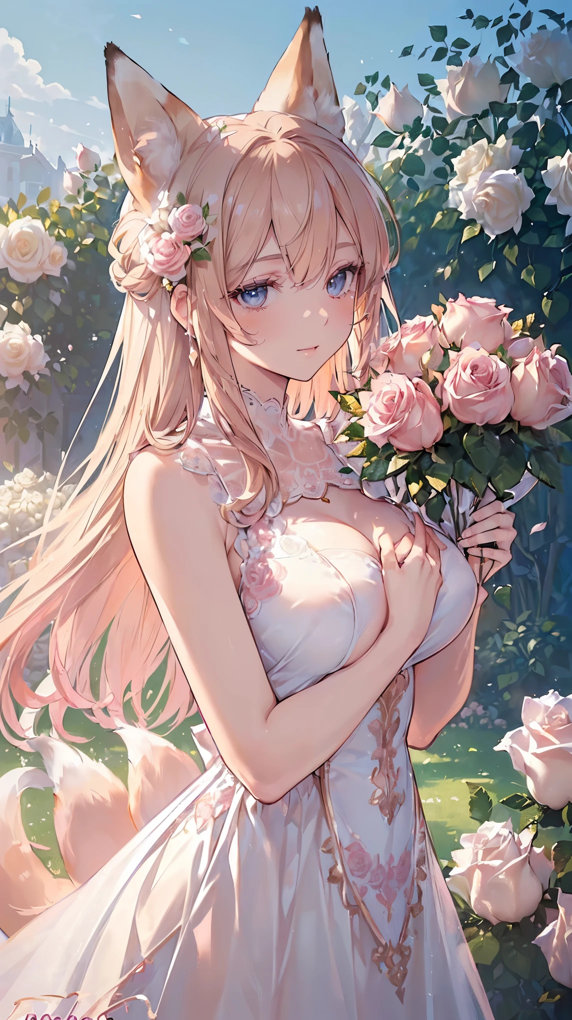 (((Masterpiece))), (((Highest quality))), ((Ultra-detailed)), ((Super fine illustration)), ((Ultra-fine painting)), (16K highest quality wallpaper:1.4), (Upper body:1.4), (Highly detailed and delicate illustration style:1.8), Detailed skin texture, Detailed cloth texture, Detailed rose flower texture, Extreme detailed description, (T-masterpiece), (Highly detailed face:1.4), Original, RAW photo, Professional, Intricate details, Super details, Direct light:1.6, (Perfect anatomy:1.4), (Highly detailed hands:1.2), (Highly detailed fingers:1.2), (Highly detailed fingertips:1.2), (27-years-old), Real, (Solo:1.6), ((A very beautiful and attractive fox fashion model:1.4))
BRAKE
(Beautiful and adorable fox ears:1.6), (Highly detailed and delicate fox ears:1.4), (Beautiful and well-shaped big breasts:1.2), (Beautiful and well-shaped buttocks), (Beautiful and shiny golden brown hair:1.6), (Highly detailed and delicate golden brown hair:1.4), (Beautiful clear blue eyes that shine with great detail:1.6), (Highly detailed and delicate blue eyes:1.2), (Highly detailed face:1.4), (Smile:1.4), (Looking at viewer:1.4), (Standing:1.4), (Celebration:1.4)
BRAKE
((A beautiful and gorgeous princess dress that is detailed and delicate to be worn at celebratory occasions:1.4))
BRAKE
((Holding in both hands a large bouquet of highly detailed and delicate ((white and pink roses)):1.3))
BRAKE
(Just after noon:1.4), (Celebration:1.4), ((Highly detailed and delicate white rose flower and pink rose flower garden background:1.4)), (Highly detailed and delicate royal palace courtyard background in just after noon in spring:1.4) BRAKE 