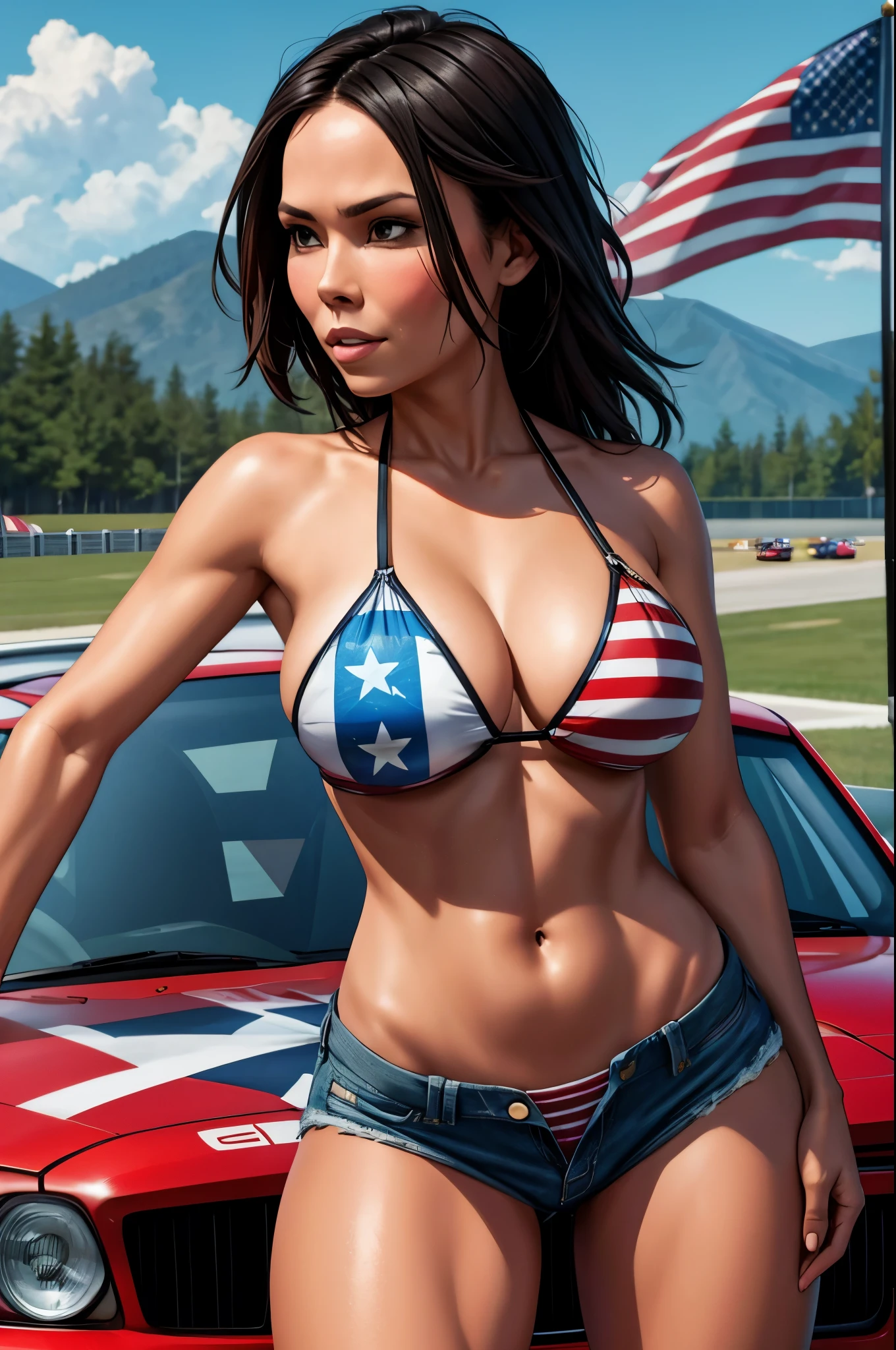 (muscular, thick thighs, wide hips:1.5), huge perky ass, very pale fair white skin, long black hair, blue eyes, (most beautiful woman on earth, detailed face and eyes, tattoos:1.5), looking at viewer, masterpiece, best quality, shallow depth of field, 8K HDR, huge breasts, 85mm photo, shallow depth of field, tack sharp, solo, 1girl, (face extremely close to camera, downblouse, cleavage:1.5), centred in frame, facing camera, plump full lips, exaggerated hourglass physique, zero body fat, muscle definition, striations, broad shoulders, deltoids, tiny waist, long lean torso, shredded eight pack abs, obliques, real hands, (extremely seductive supermodel, flirtatious smile, tiny string bikini, racecar track, late night:1.2), SlightMuscle, flexing abs, hands behind head