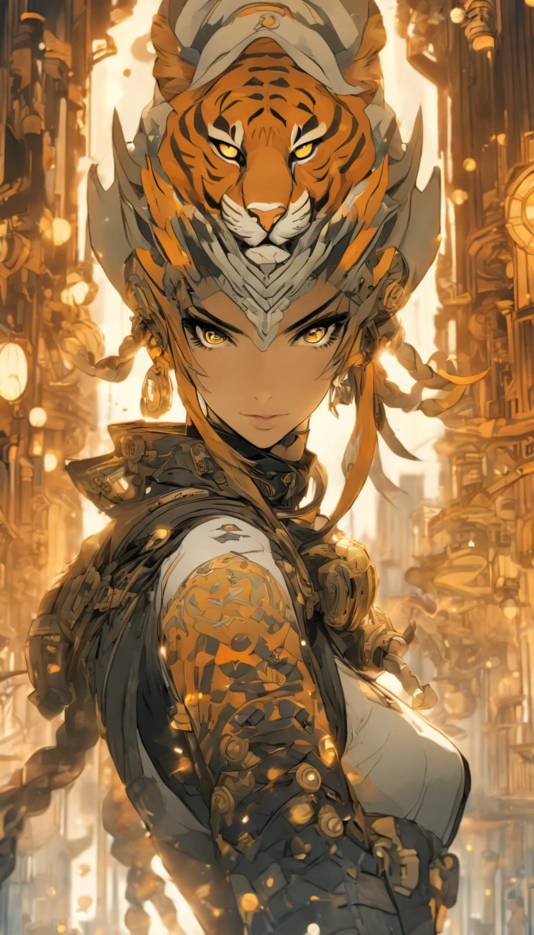 Chinese ink style,Steampunk world,Tiger-shaped steampunk warframe girl,Jet steam is suspended in the city air,Ink animation art,Ink comic art,water ink,ink,Smudge,8K,Delicately portrayed,Works of masters,Black and white tones