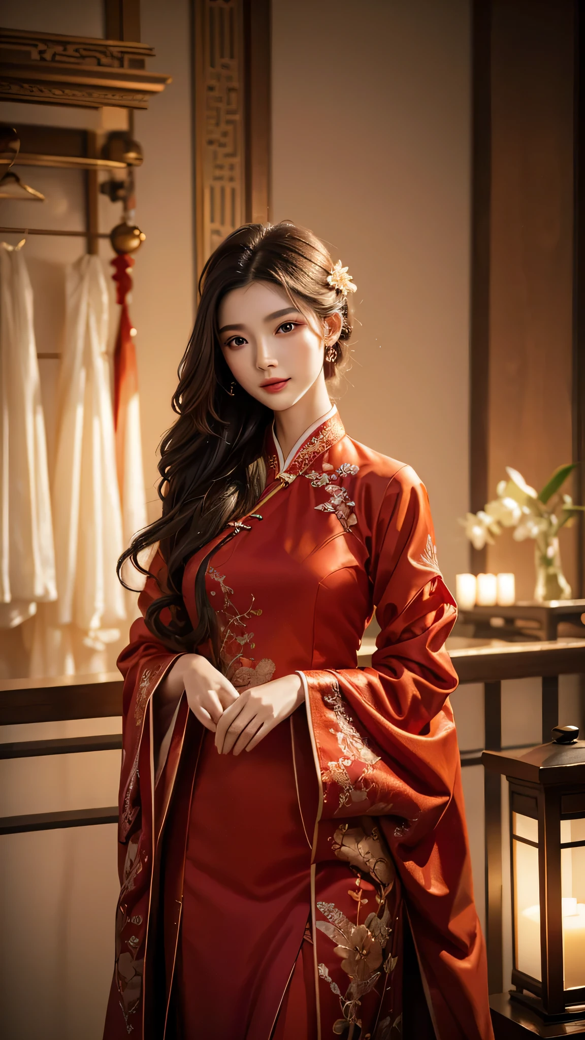 A girl with an exquisite face, Tang suit and Hanfu wedding dress, swinging wide sleeves, bright red gradient, embroidered chiffon fabric, embroidered pattern, elegant, dreamy, ultra-high definition, ultra-detailed, rich, drag and drop, fantasy, 8k