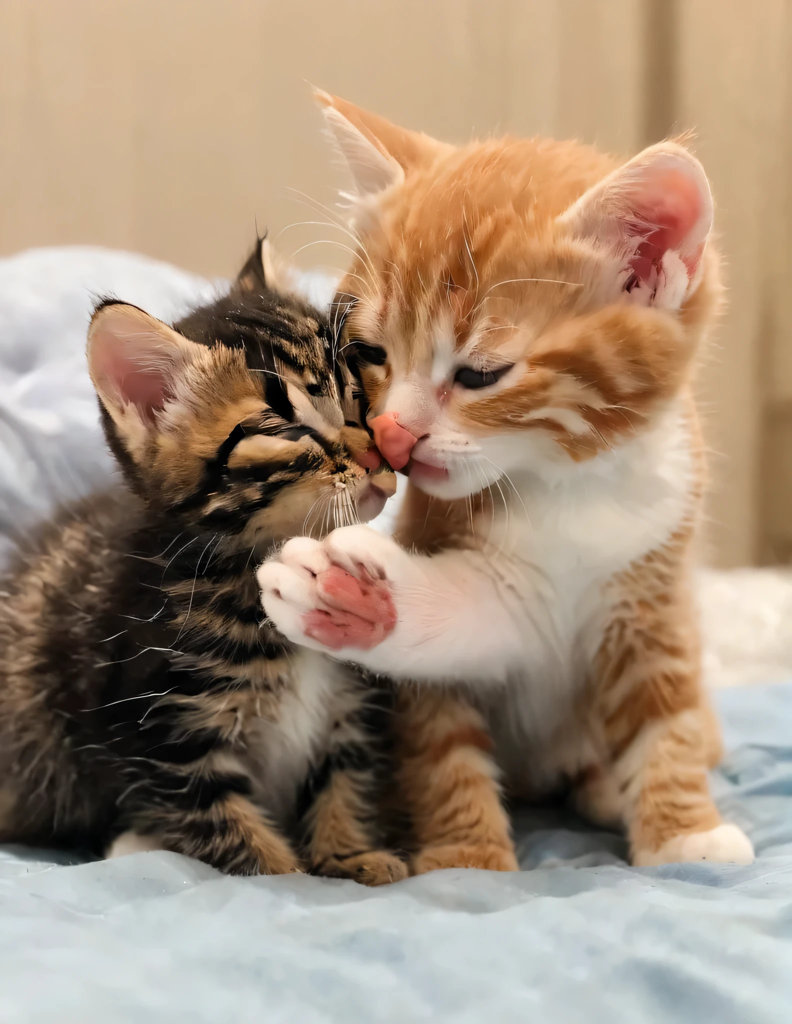 there is a cat licking a kitten on the nose, hugging each other, cute and adorable, kissing together cutely, real-life tom and jerry, cute cats, cute kittens, heartwarming, tenderness, motherly, hugging, kissing each other, licking out, r/aww, aww, adorable and cute, cute adorable, kissing together, sweet hugs