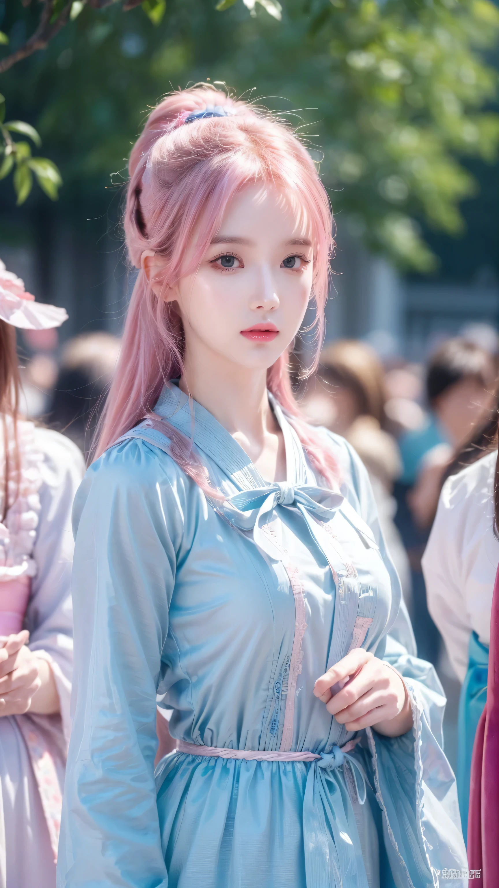 (finely detailed beautiful eyes and detailed face,masterpiece sidelighting,masterpiece,best quality,detailed,High resolution illustrations),, (1 Girl,whole body,beautiful girl,Glowing skin,look down,Looking at the audience),, (Pink Hair,blue eyes,ribbon,Hanbok, korean clothes), (wearing clothes_Lower Bust:1.2),Lower breasts,