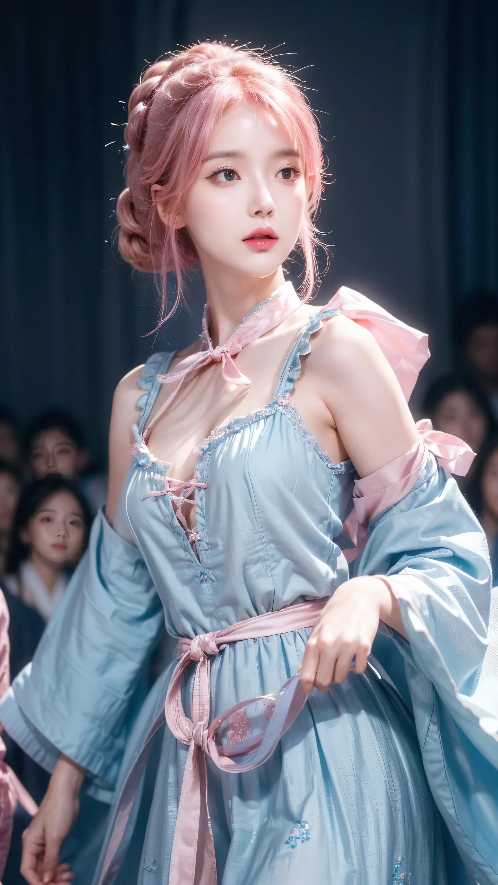 (finely detailed beautiful eyes and detailed face,masterpiece sidelighting,masterpiece,best quality,detailed,High resolution illustrations),, (1 Girl,whole body,beautiful girl,Glowing skin,look down,Looking at the audience),, (Pink Hair,blue eyes,ribbon,Hanbok, korean clothes), (wearing clothes_Lower Bust:1.2),Lower breasts,