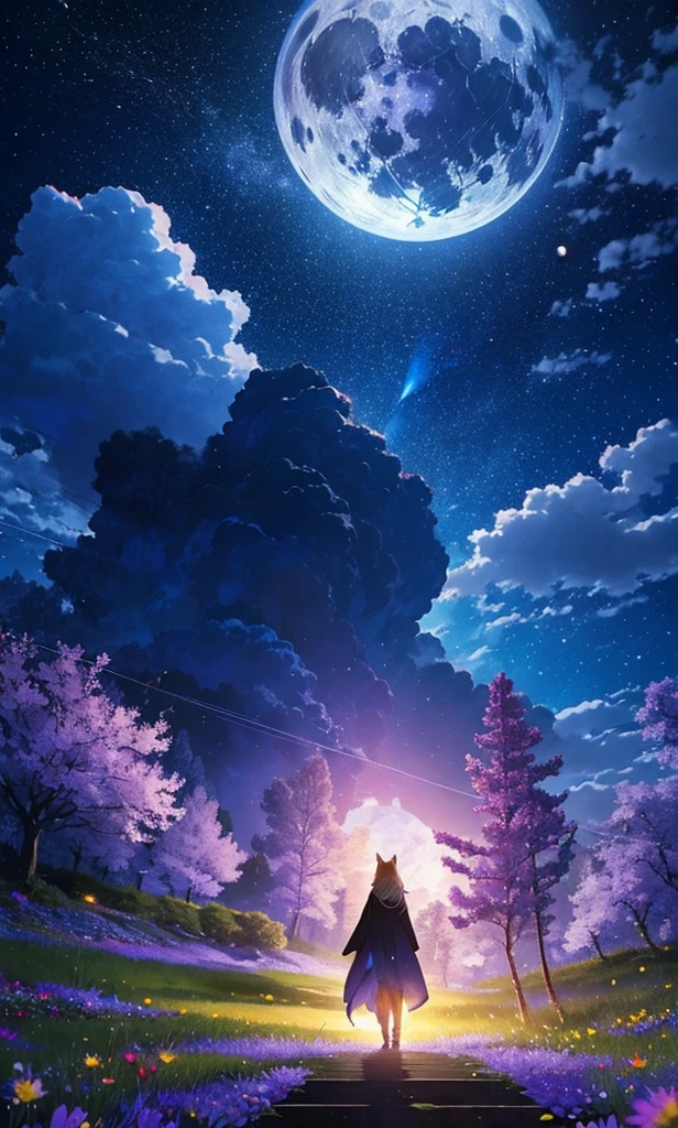 1people々々々々々々々々々,Woman with medium length blonde hair,Fox Ears,Long coat,Takageta, Dress Silhouette, Rear View,Space Sky, Flower Field,Colorful flowers,Dancing Petals,full moon,