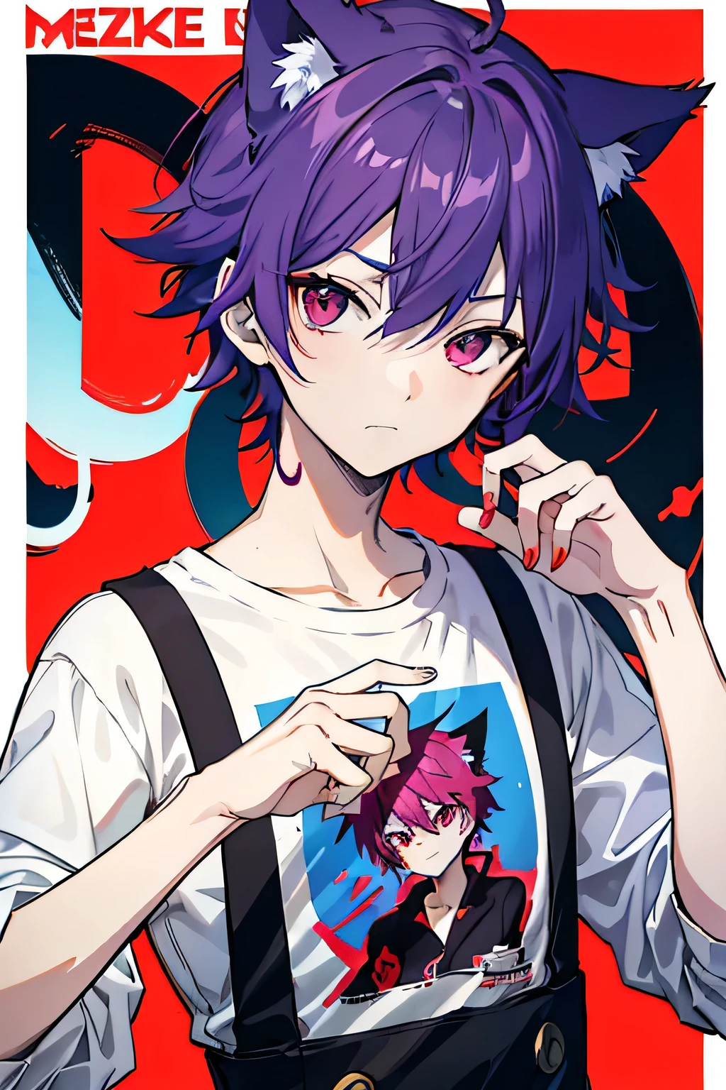 Anime-style illustration of a boy with distinctive purple cat-like hair and glassy red eyes. He wears a red thie's shirt, giving him a mischievous and cool appearance. The background is minimalistic and dreamlike, adding to the overall quirky and playful feel of the image. (magazine:1.3), (cover-style:1.3), anime, boy, purple hair, cat-like, glassy red eyes, red thie shirt, stylish, attention-grabbing, illustration, bold, vibrant, dynamic, background, elements, quirky, playful, modern, trendy, focus, charming, anime-inspired