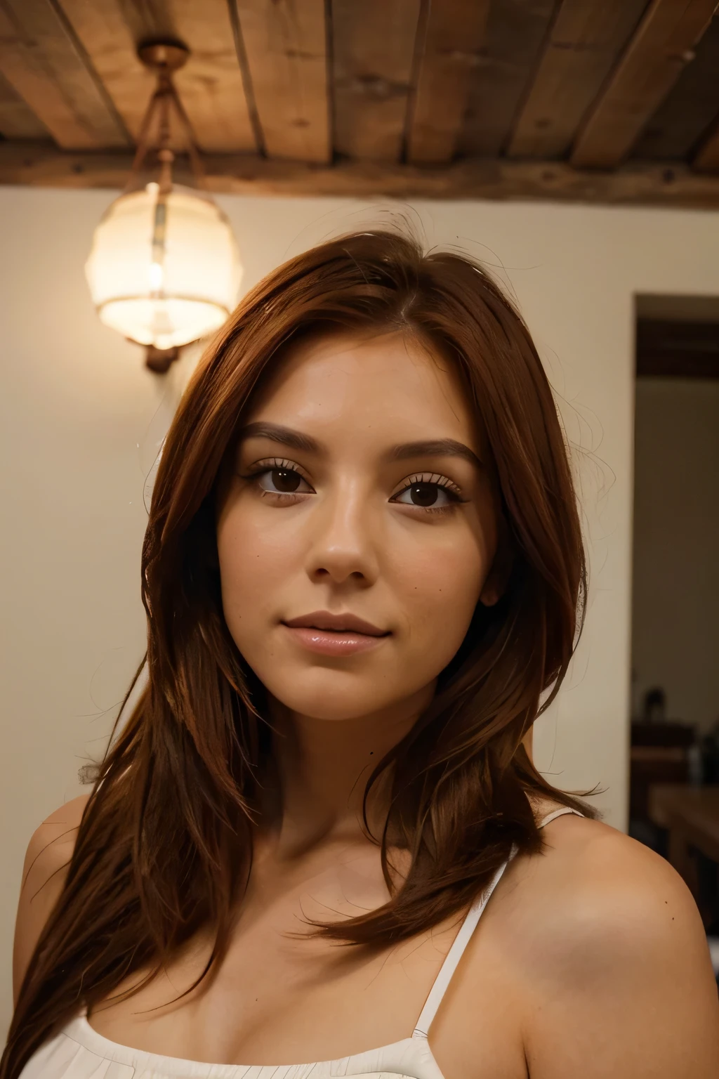 una mujer linda mirando de frente con rostro confiable, nice and kind with shoulder-length copper hair