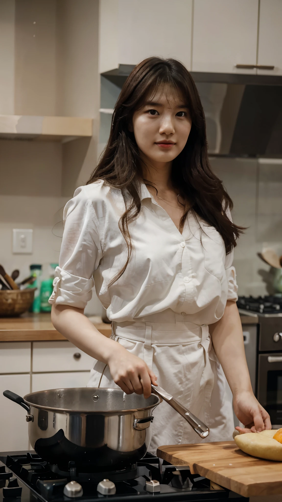 Bae Suzy, Cooking in the kitchen, perfect face, ultra HD, realistic, complete pinger