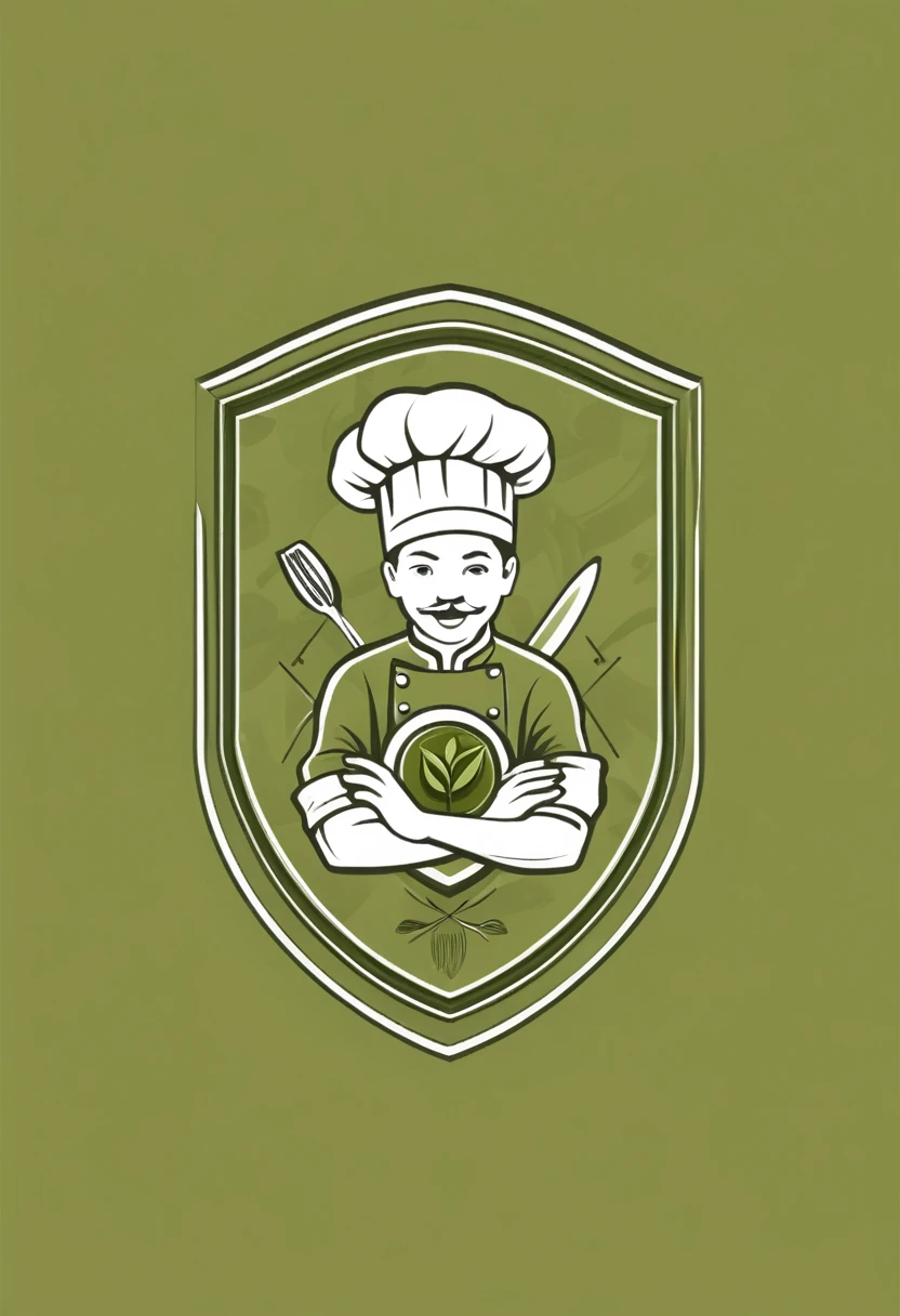 Create a logo that has a drawing chef inside the shield and that the background of the shield is olive green 