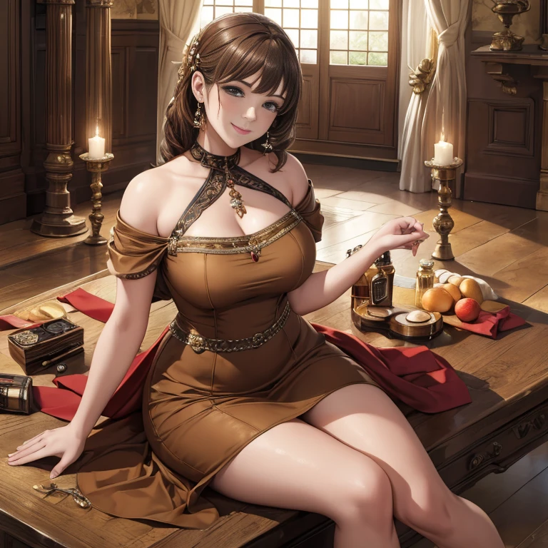 ((masterpiece,highest quality)), 4K, High resolution, One girl, alone, smile, Brown Dress, (Perfumer&#39;s Outfit 2:1.2), 、Camel Toe、Giant tit、Nipple Puffs、Cleavage、Plump、Super big breasts、Super big butt、Fragrance、perfume